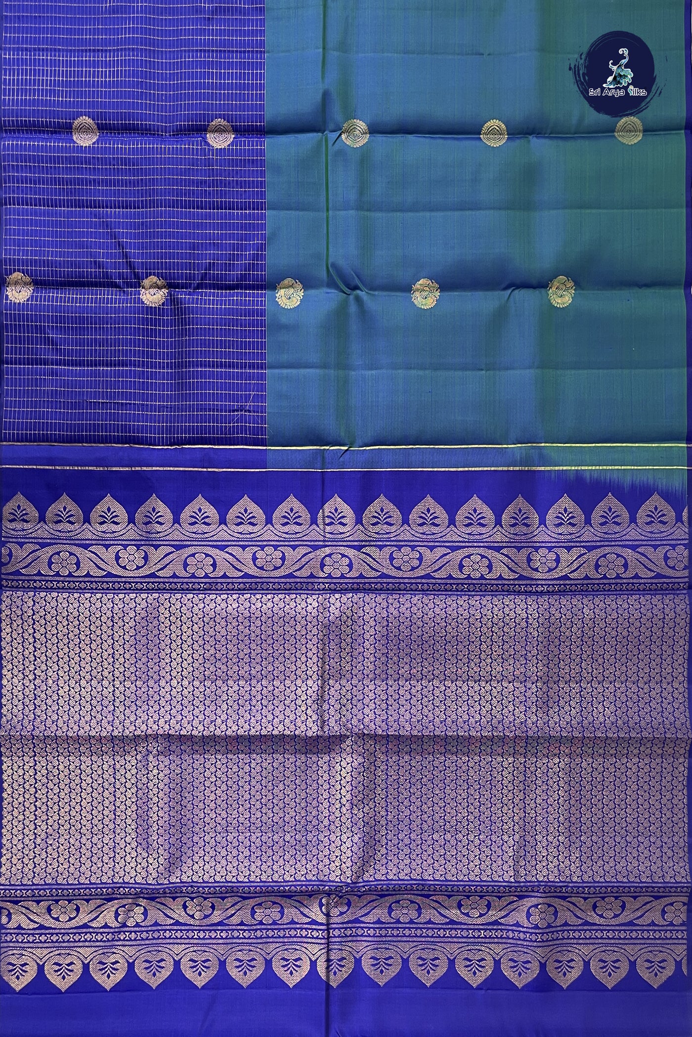 Peacock Blue Half and Half Checked Silk Saree With Zari Checked Pattern