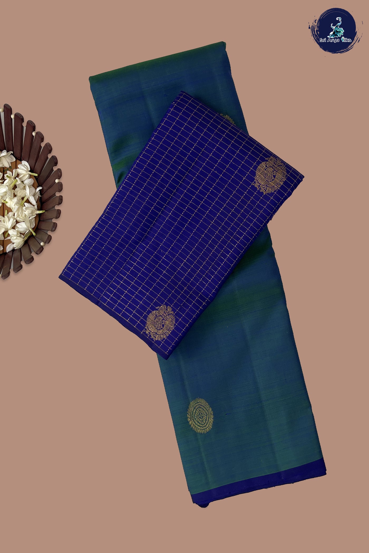 Peacock Blue Half and Half Checked Silk Saree With Zari Checked Pattern