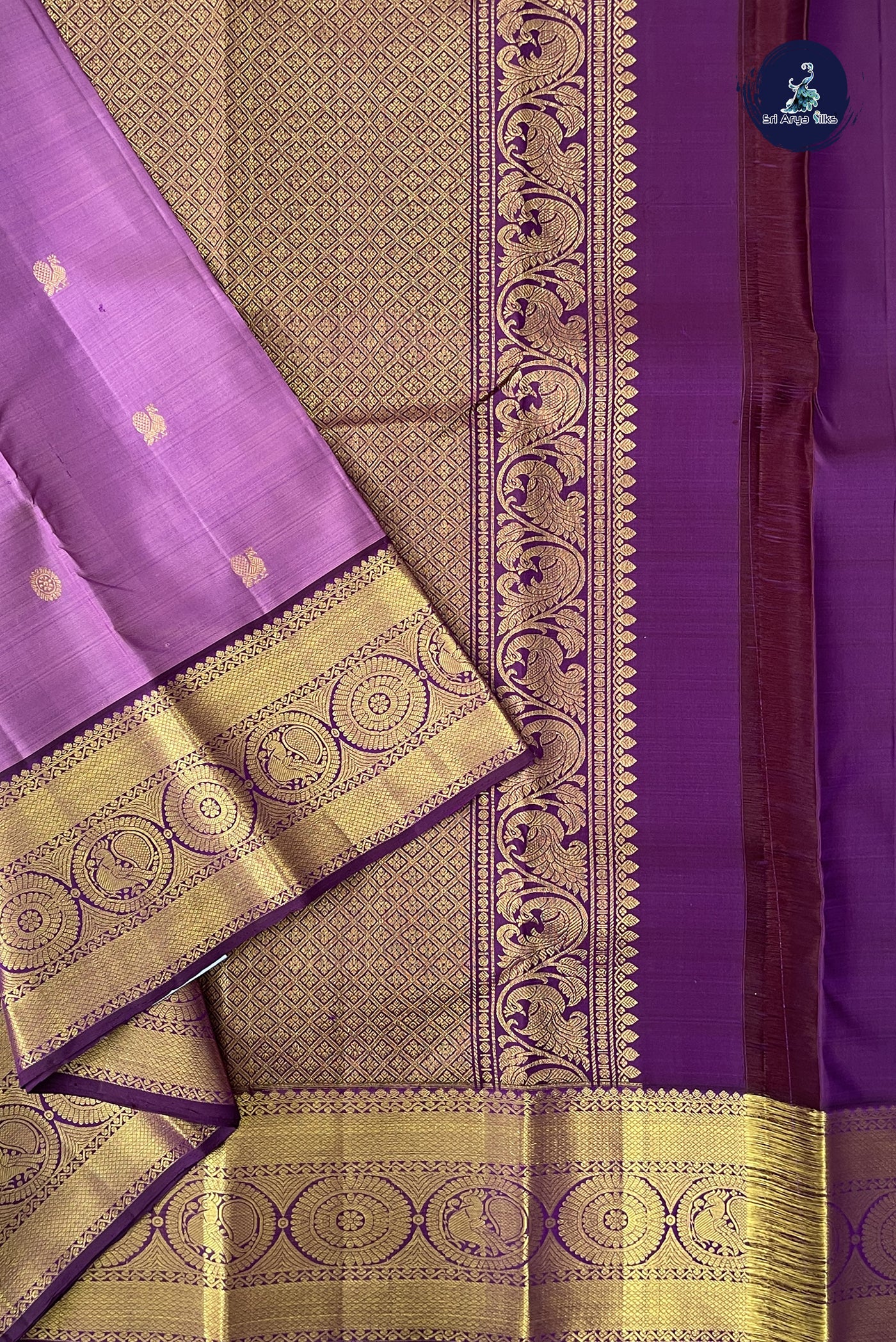 Mauve Korvai Contrast Silk Saree With Zari Buttas Pattern