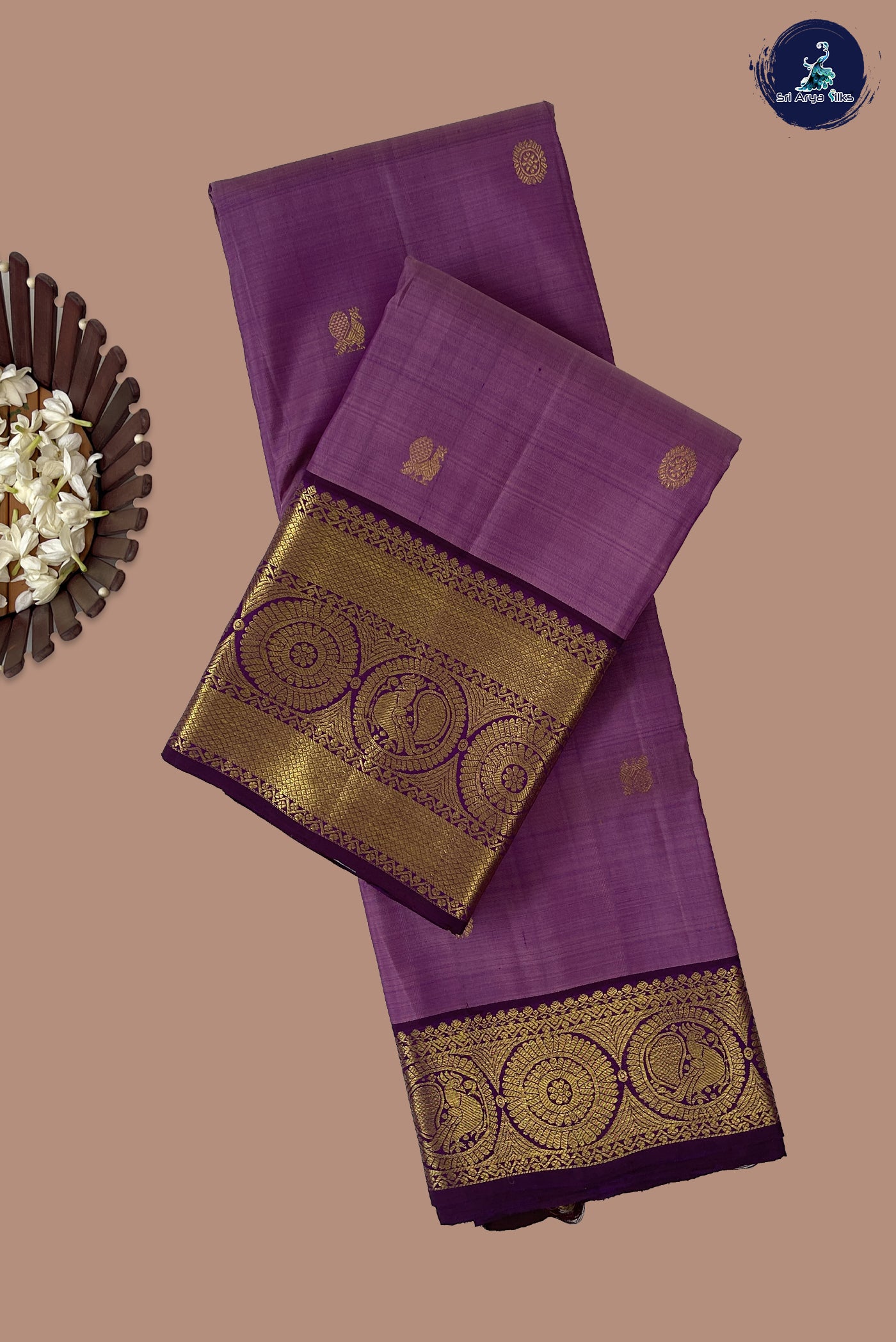 Mauve Korvai Contrast Silk Saree With Zari Buttas Pattern