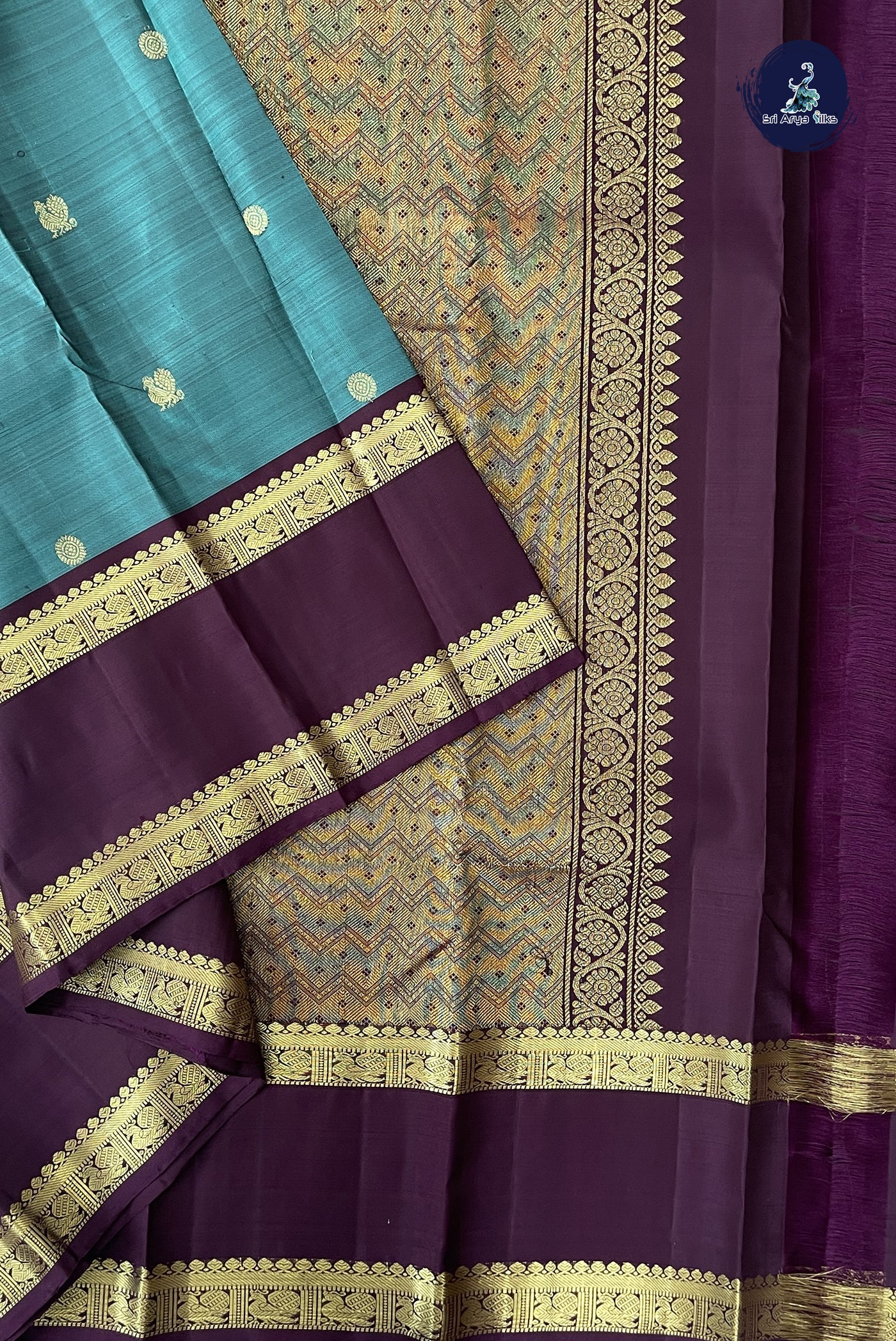 Teal Blue Korvai Contrast Silk Saree With Zari Buttas Pattern