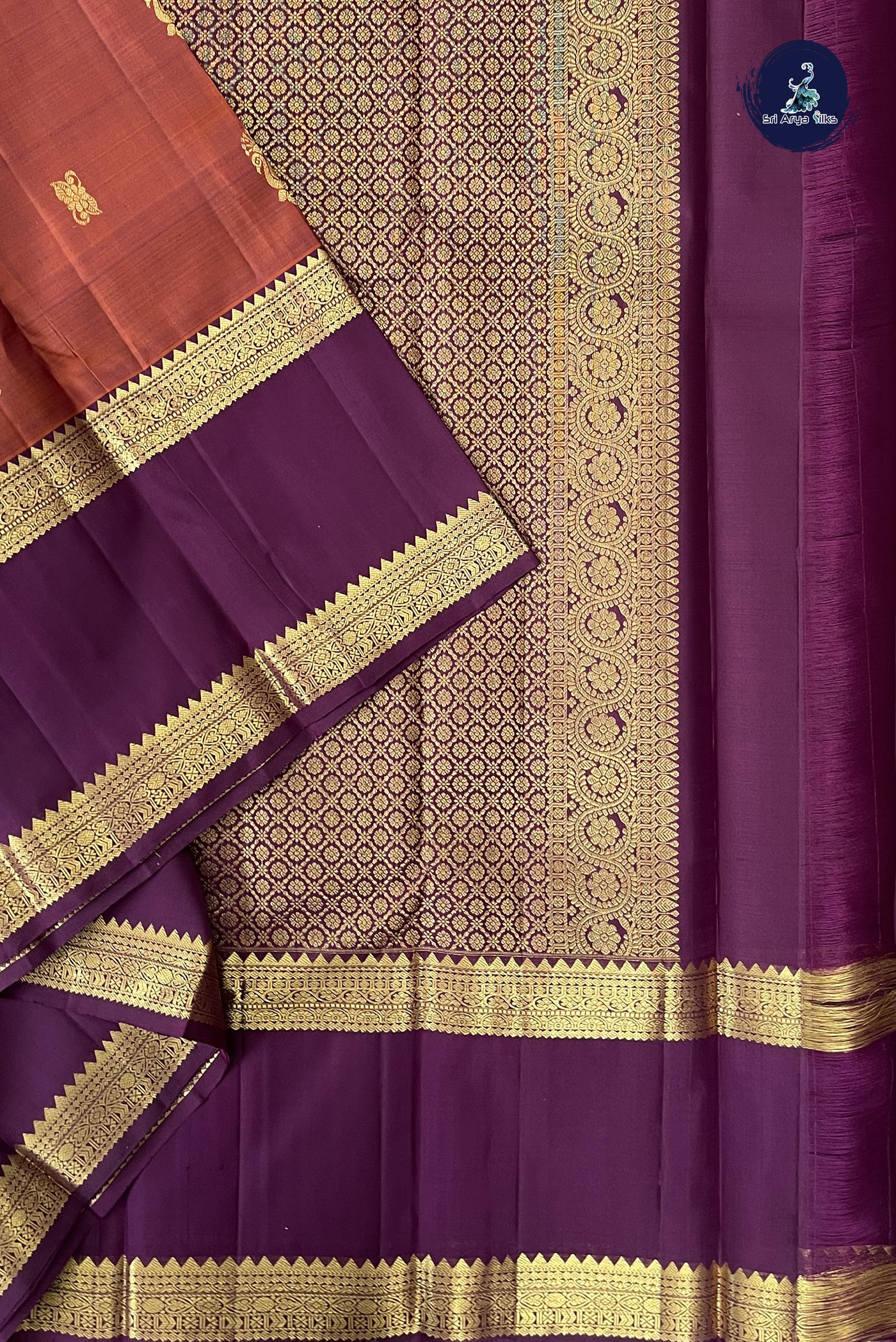 Rust Korvai Contrast Silk Saree With Zari Buttas Pattern