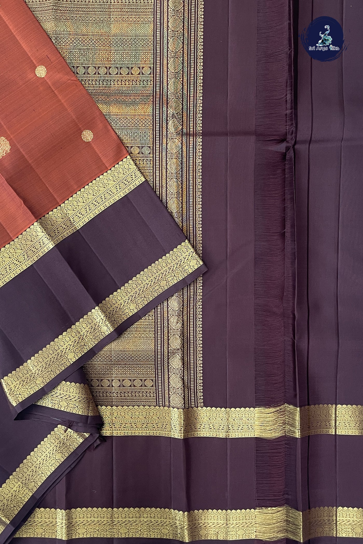 Rust Korvai Contrast Silk Saree With Zari Buttas Pattern