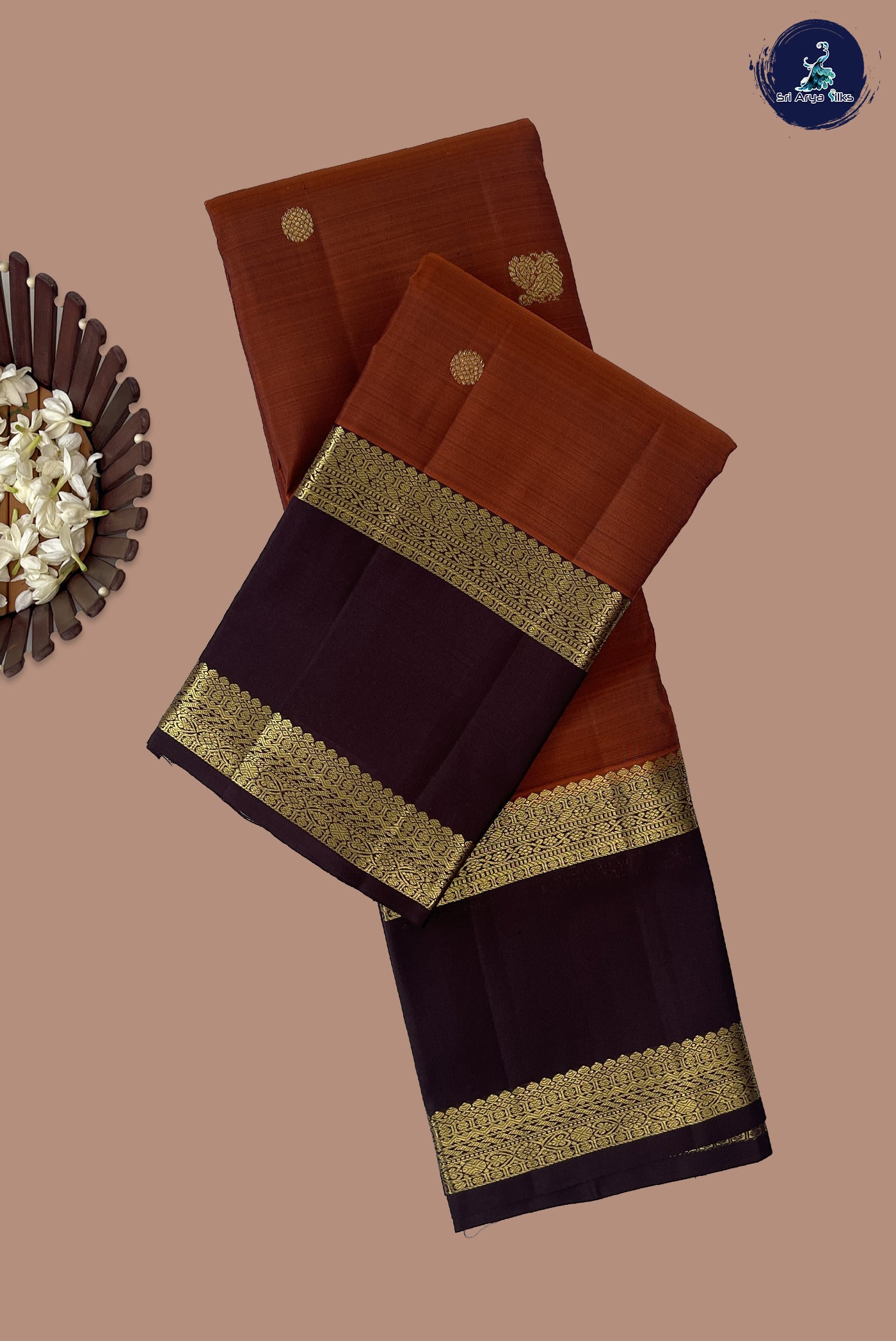Rust Korvai Contrast Silk Saree With Zari Buttas Pattern