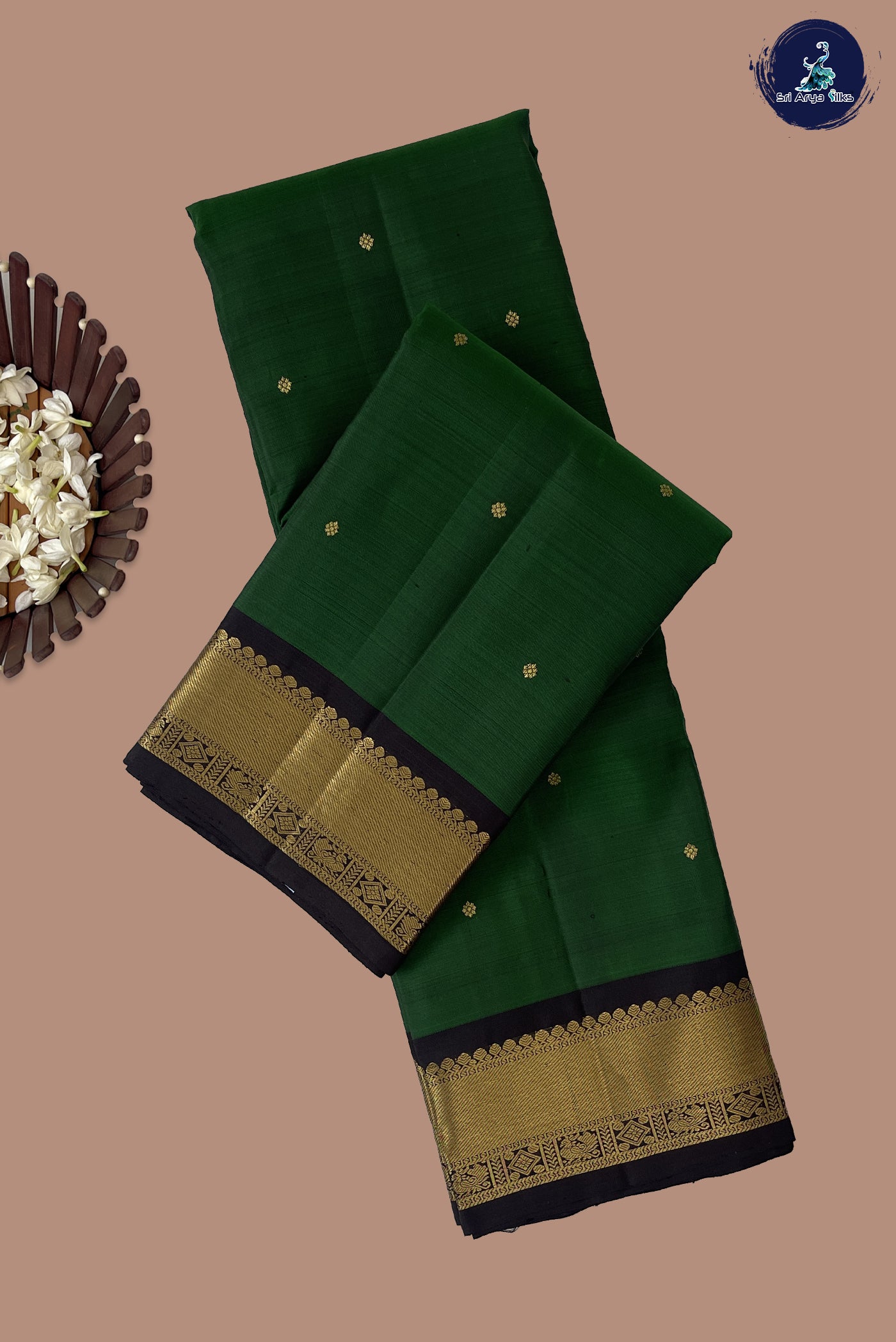 Dark Green Traditional Silk Saree With Zari Buttas Pattern