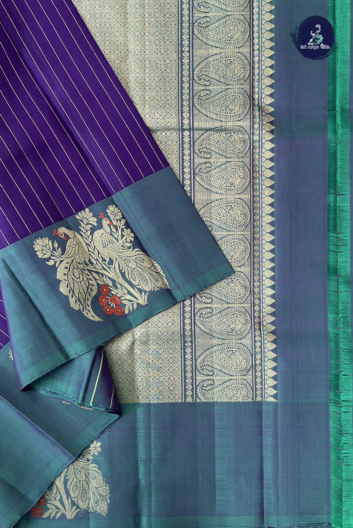 Violet Traditional Silk Saree With Stripes Pattern