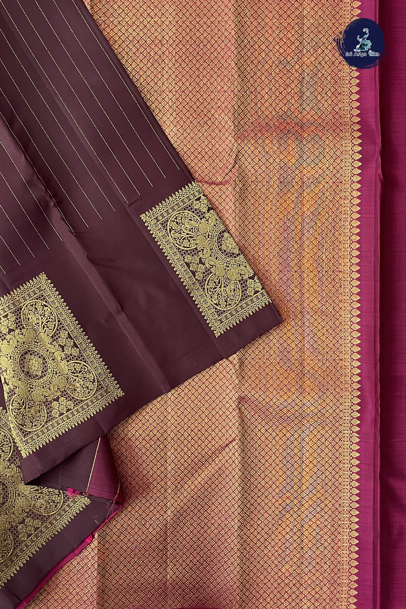 Brown Traditional Silk Saree With Stripes Pattern