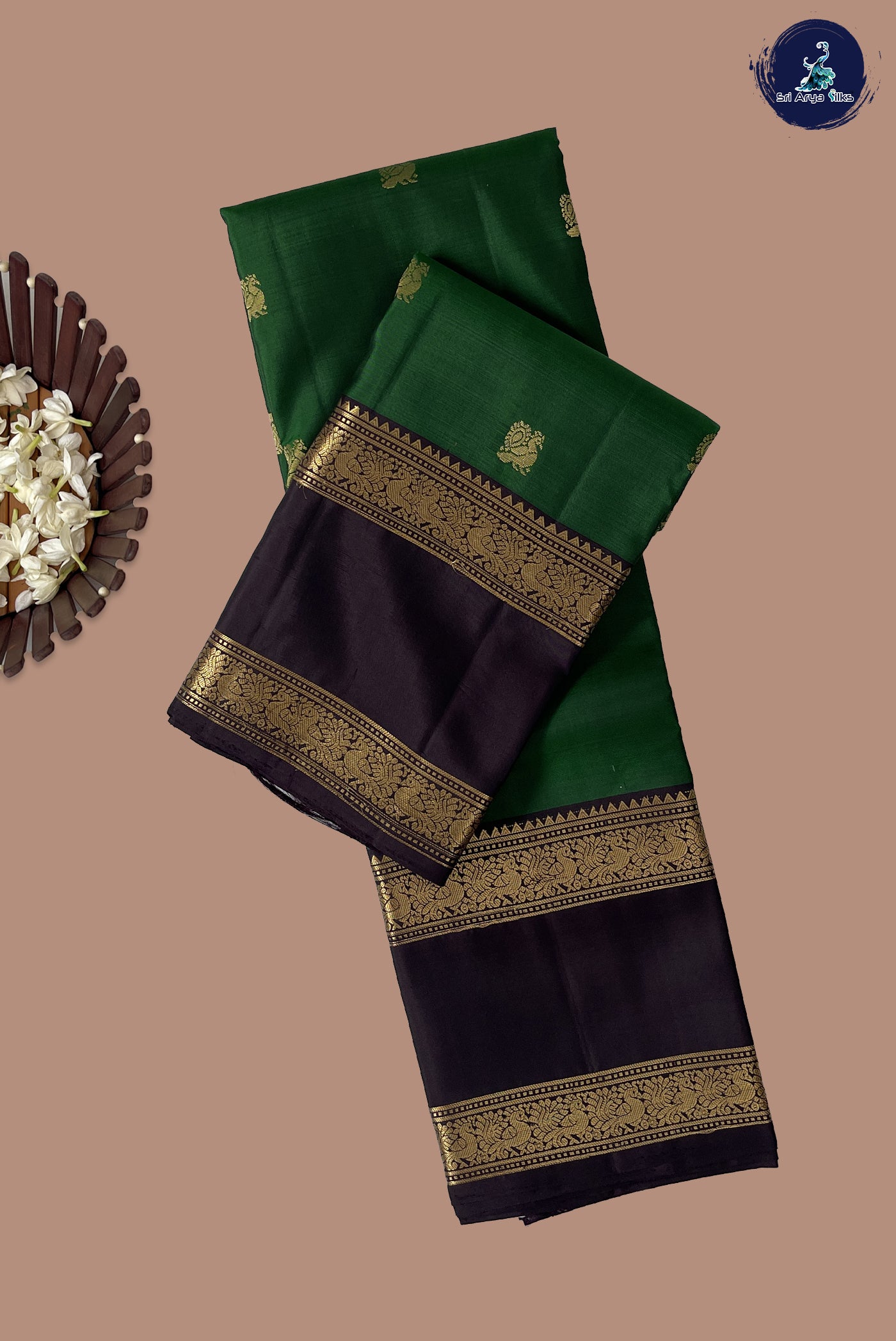 Bottle Green Traditional Silk Saree With Zari Buttas Pattern