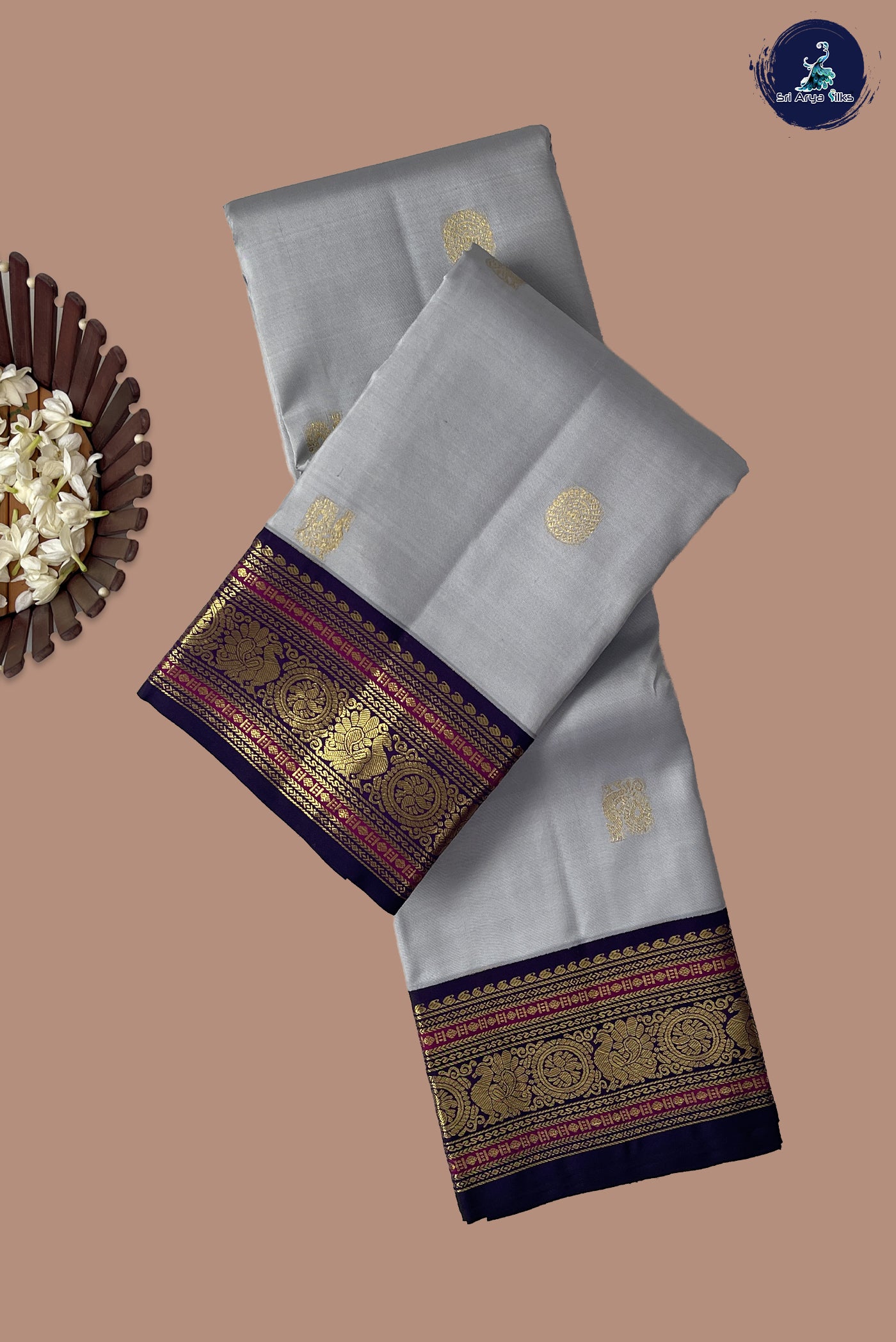 Grey Korvai Contrast Silk Saree With Zari Checked Pattern