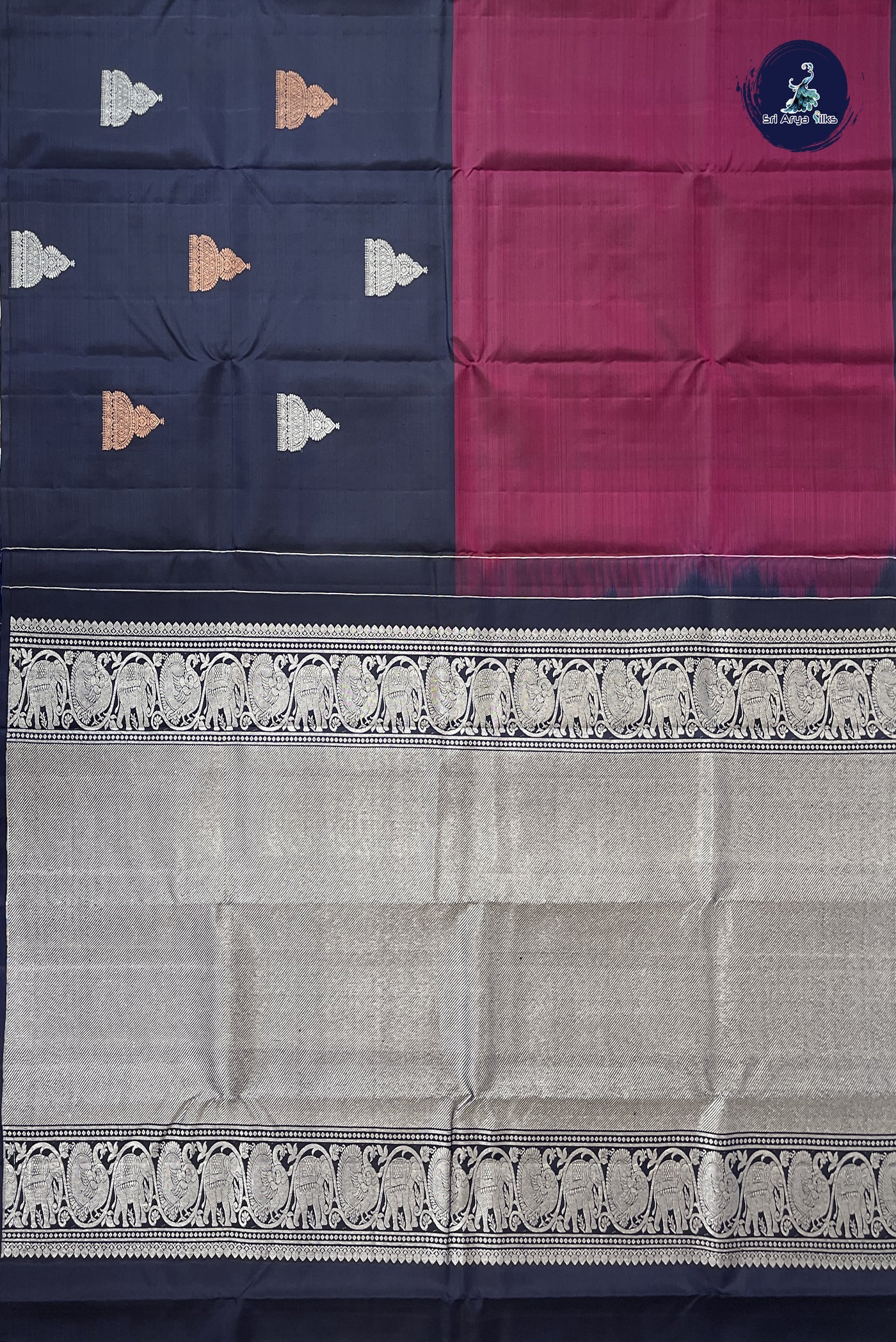 Wine Half and Half Checked Silk Saree With Half And Half Pattern