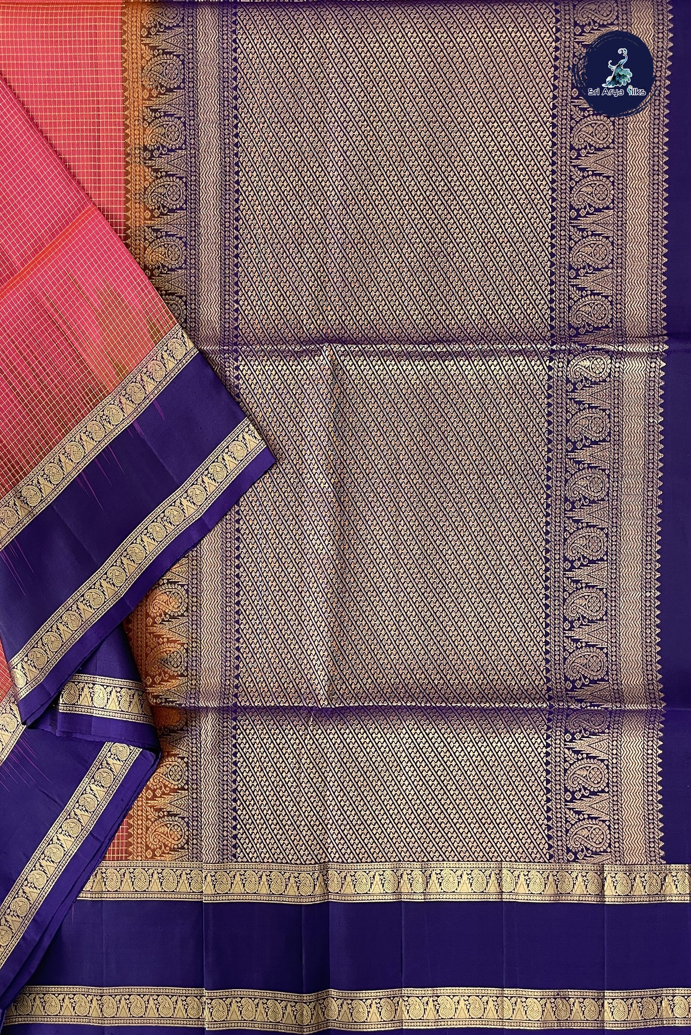 Orangish Pink Soft Silk Saree With Zari Checked Pattern