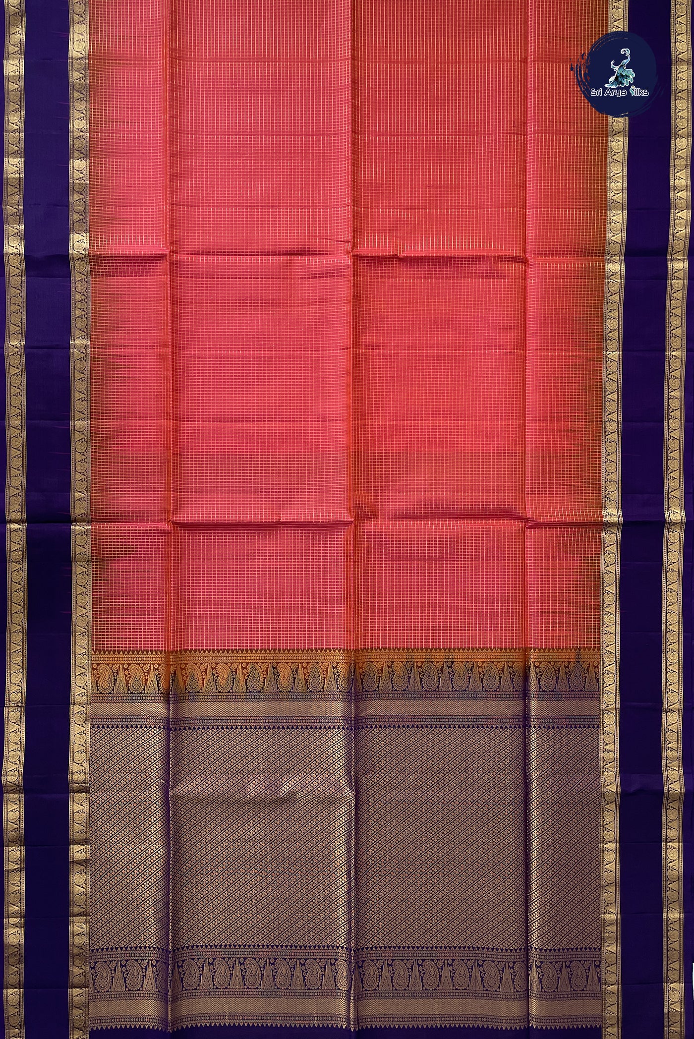 Orangish Pink Soft Silk Saree With Zari Checked Pattern