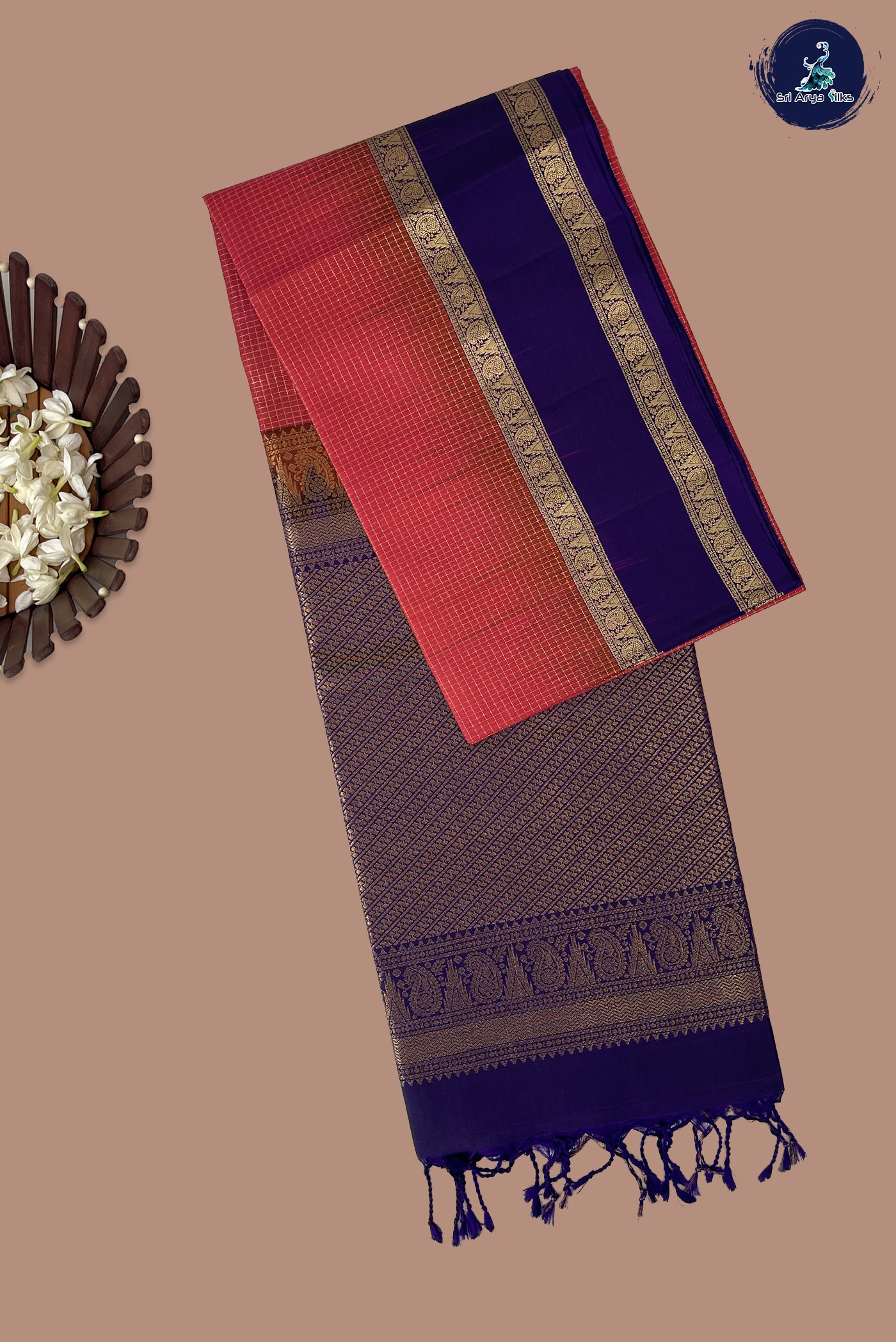 Orangish Pink Soft Silk Saree With Zari Checked Pattern