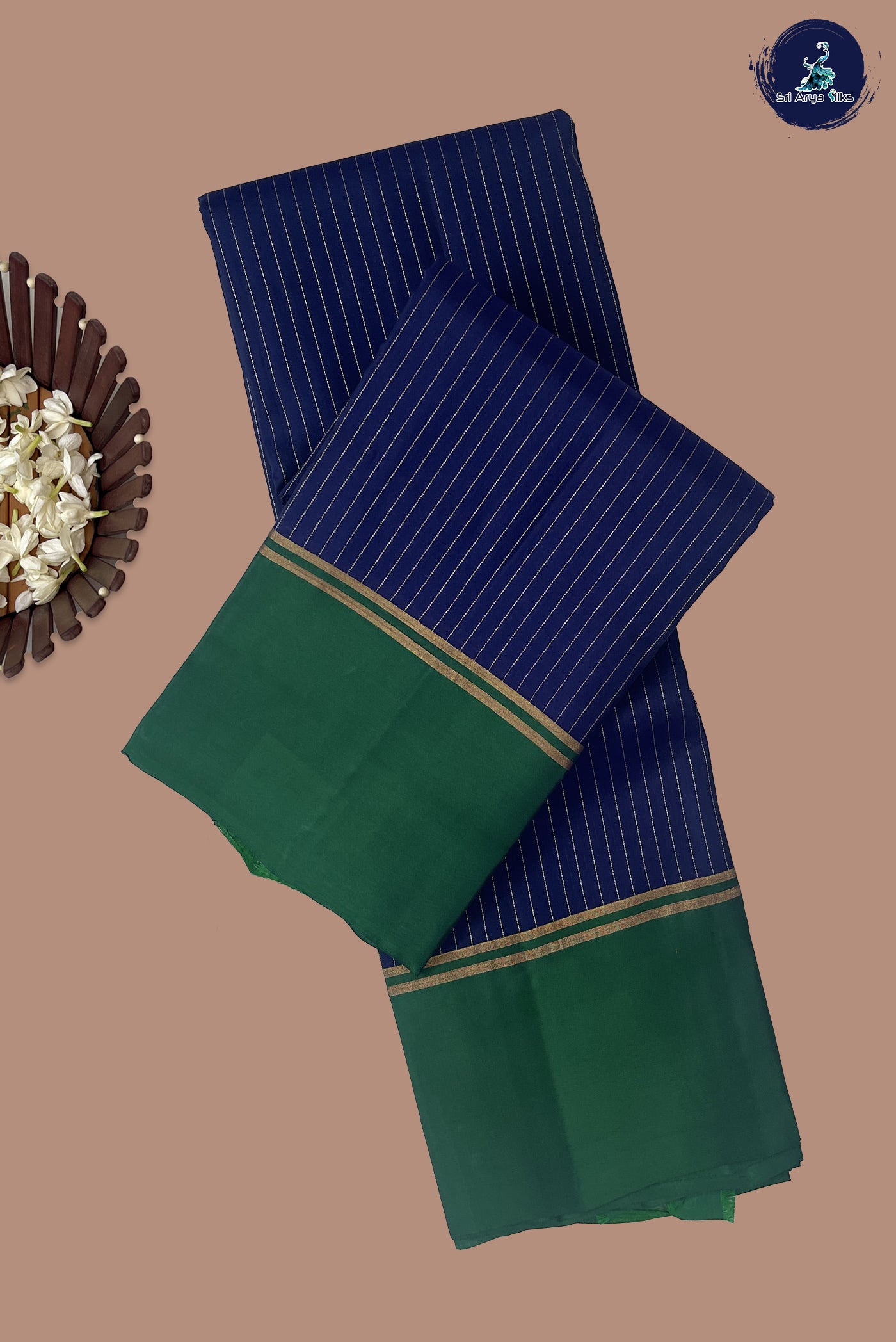 Navy Blue Light Weight Silk Saree With Stripes Pattern