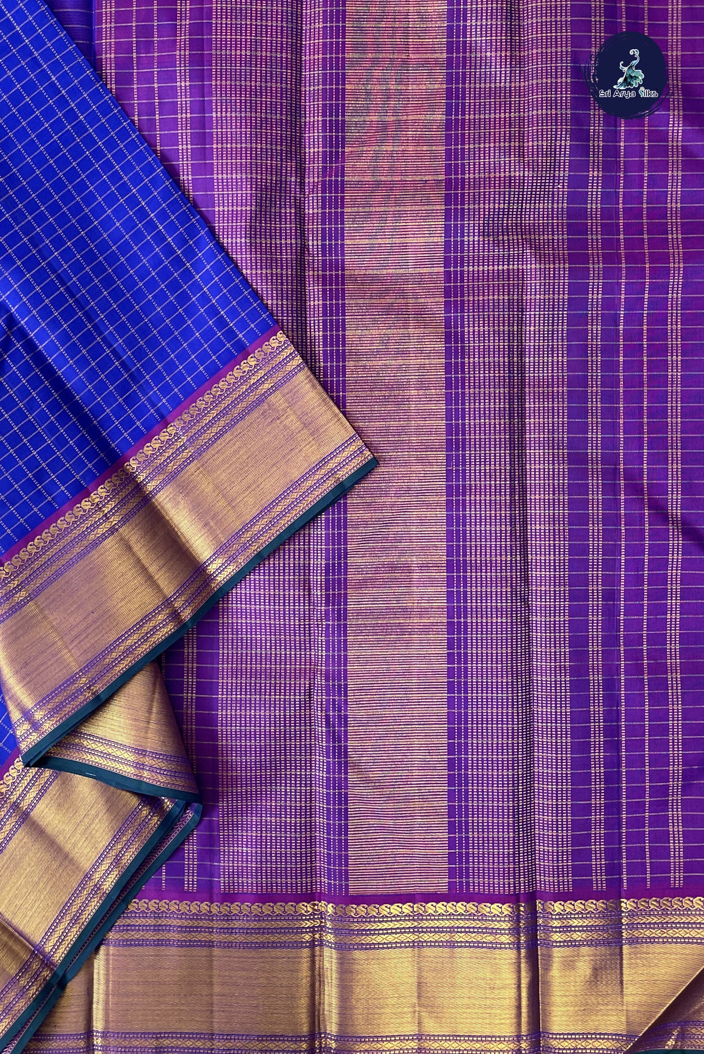 Blue Checked Saree With Zari Checked Pattern
