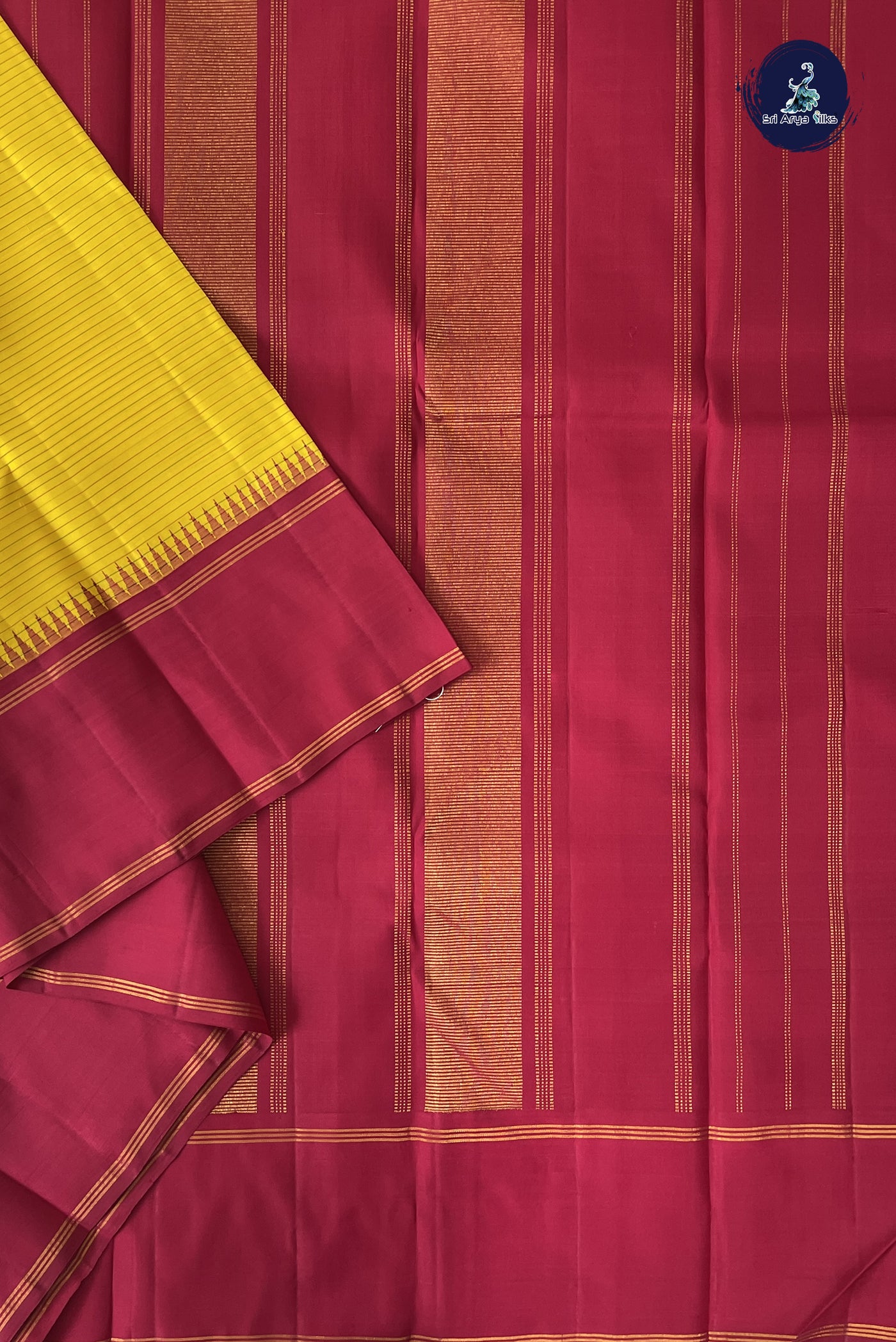 Yellow Korvai Contrast Silk Saree With Stripes Pattern