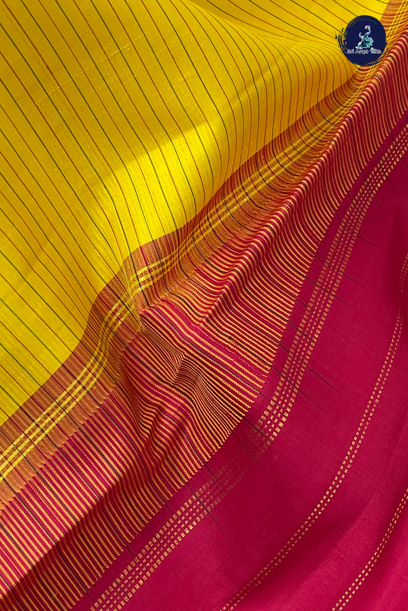 Yellow Korvai Contrast Silk Saree With Stripes Pattern