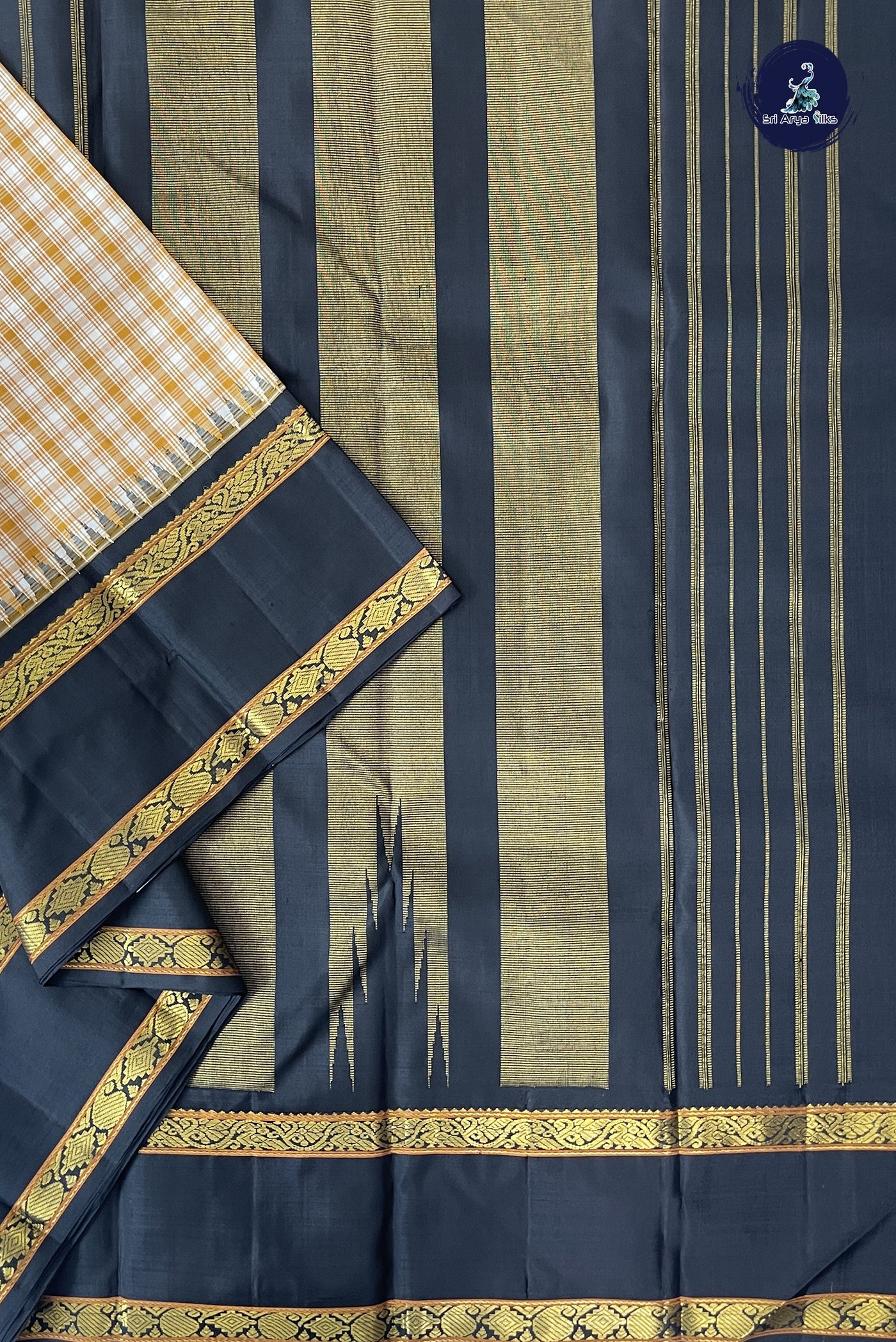 Mustard Yellow Korvai Contrast Silk Saree With Checked Pattern
