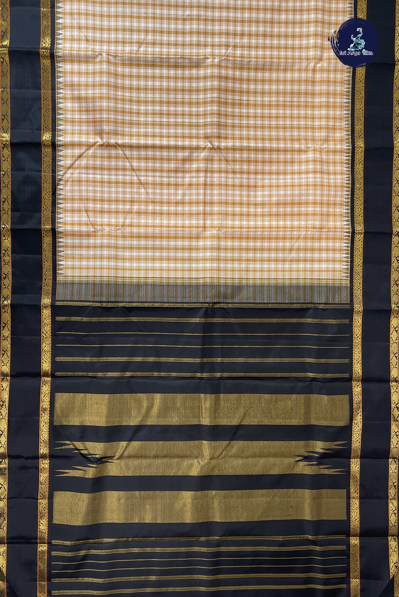 Mustard Yellow Korvai Contrast Silk Saree With Checked Pattern