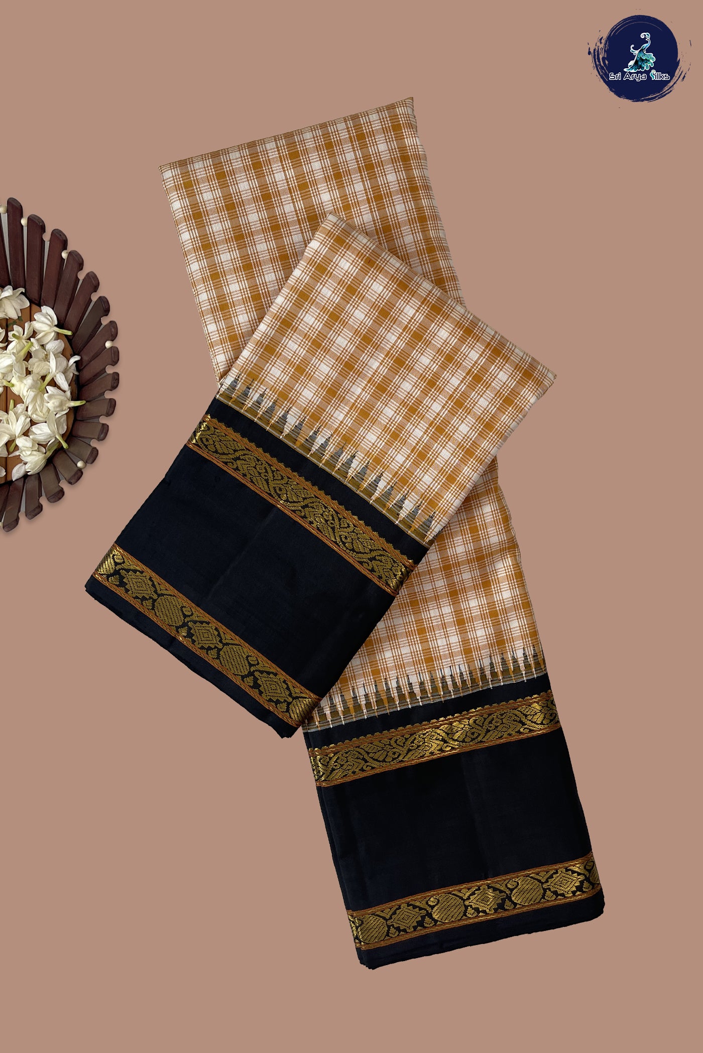Mustard Yellow Korvai Contrast Silk Saree With Checked Pattern