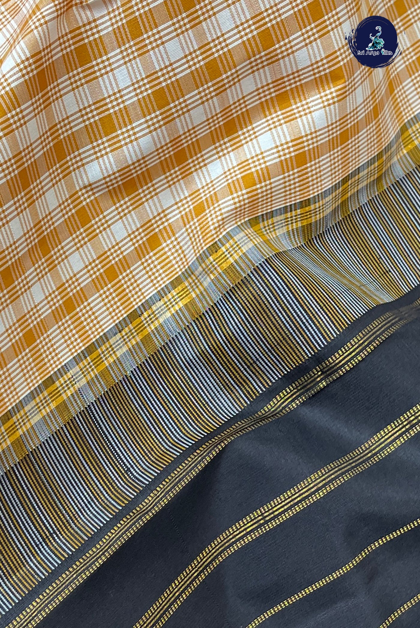 Mustard Yellow Korvai Contrast Silk Saree With Checked Pattern