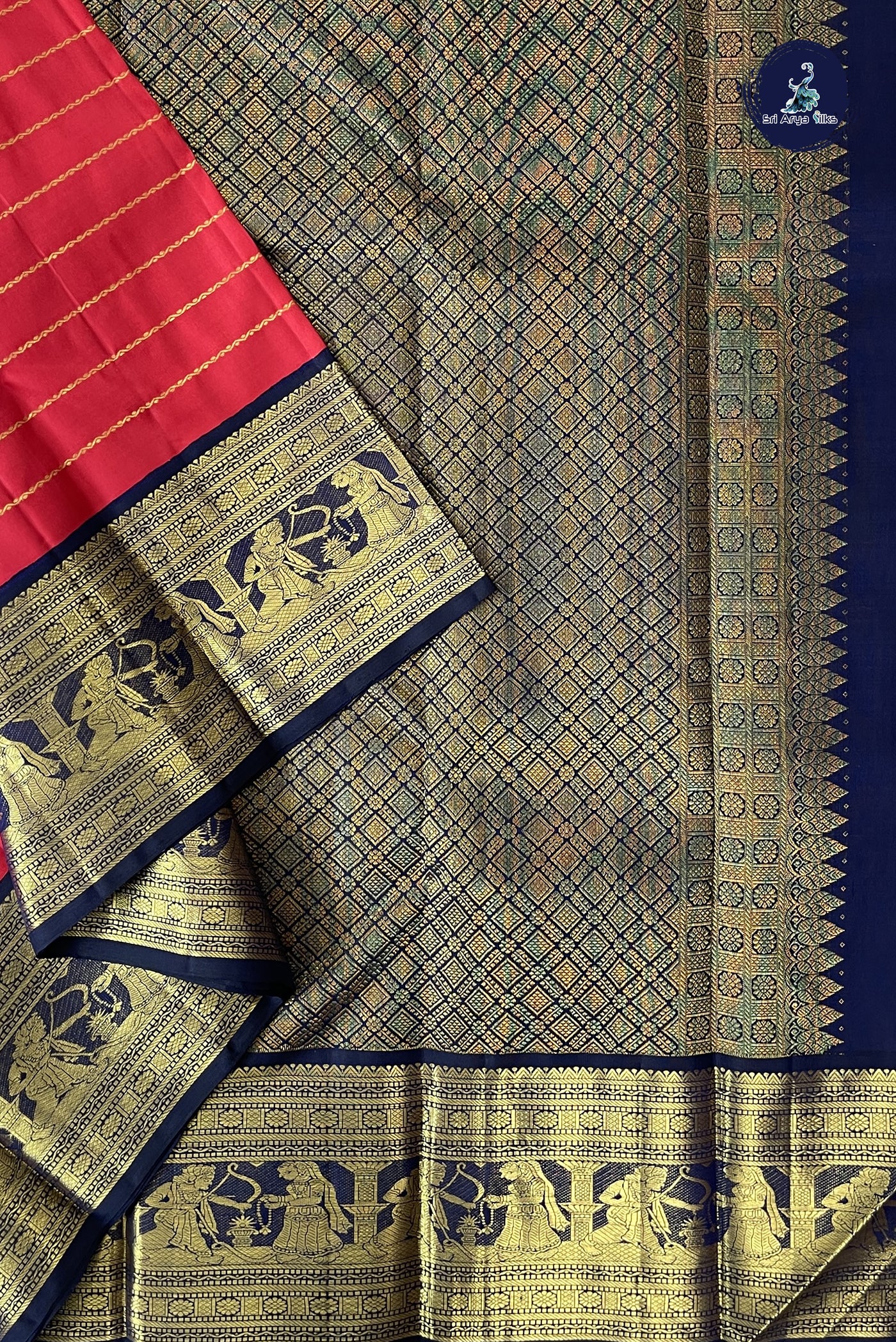Red Korvai Contrast Silk Saree With Veldhari Stripes Pattern