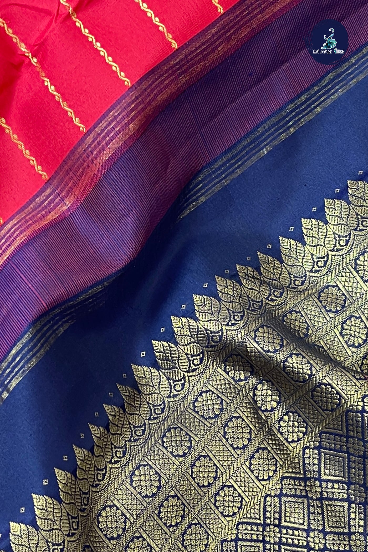 Red Korvai Contrast Silk Saree With Veldhari Stripes Pattern
