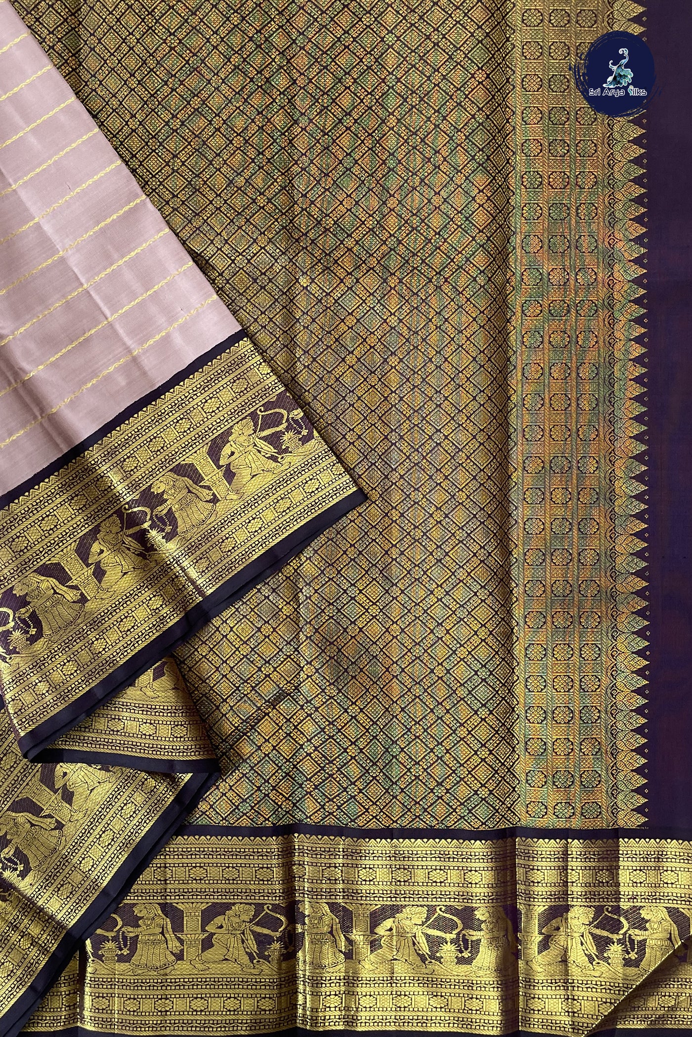 Biscuit Shade Korvai Contrast Silk Saree With Veldhari Stripes Pattern