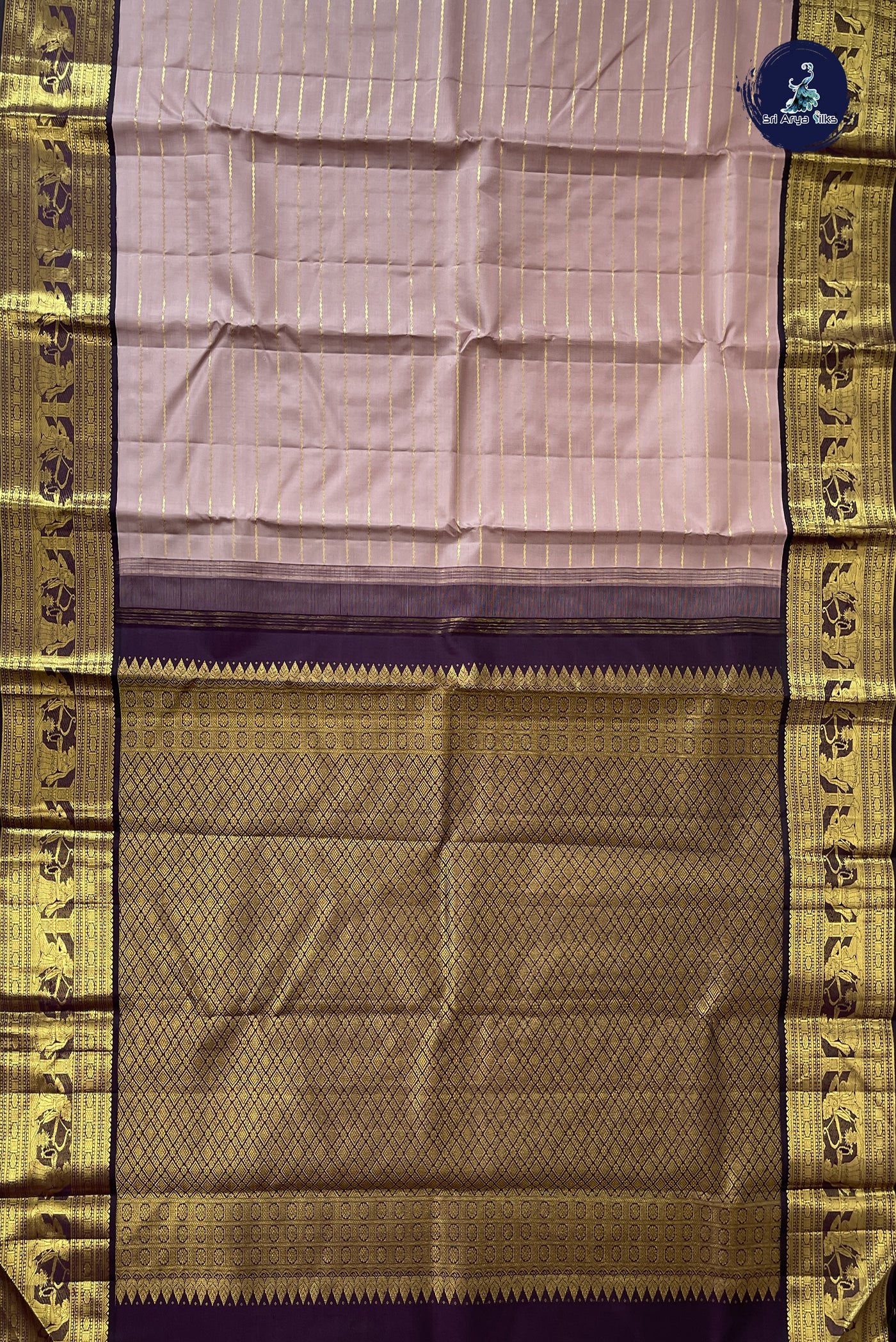 Biscuit Shade Korvai Contrast Silk Saree With Veldhari Stripes Pattern