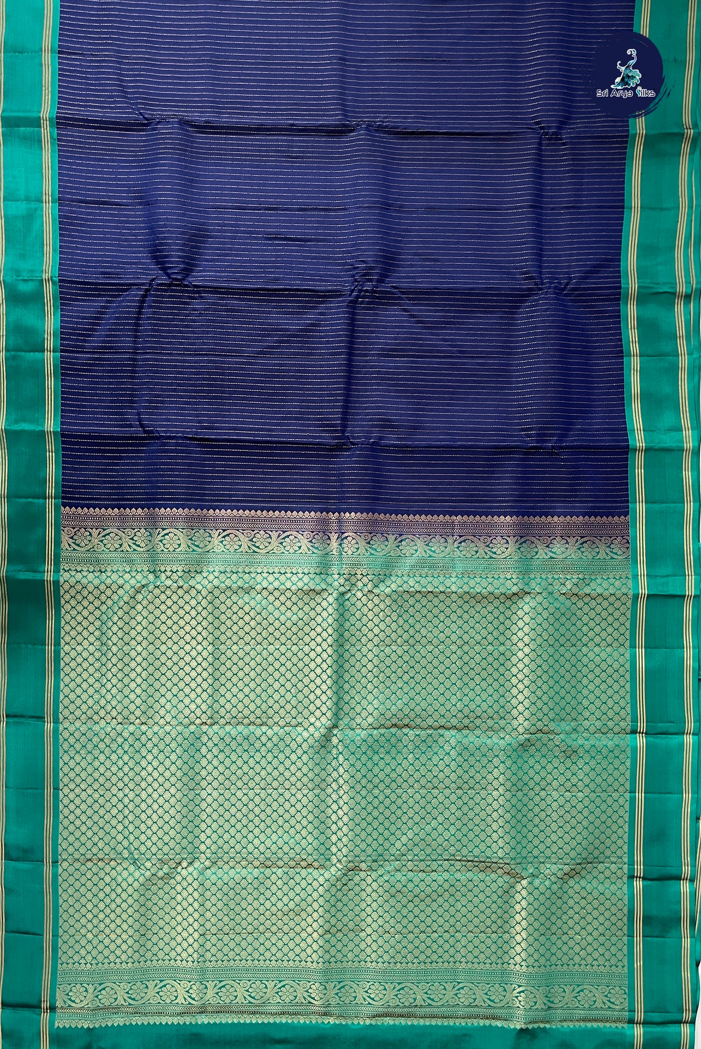 Navy Blue Half Pure Silk Saree With Stripes Pattern