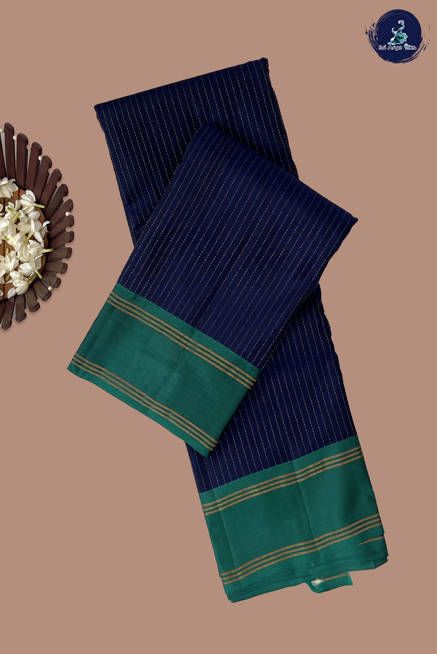 Navy Blue Half Pure Silk Saree With Stripes Pattern