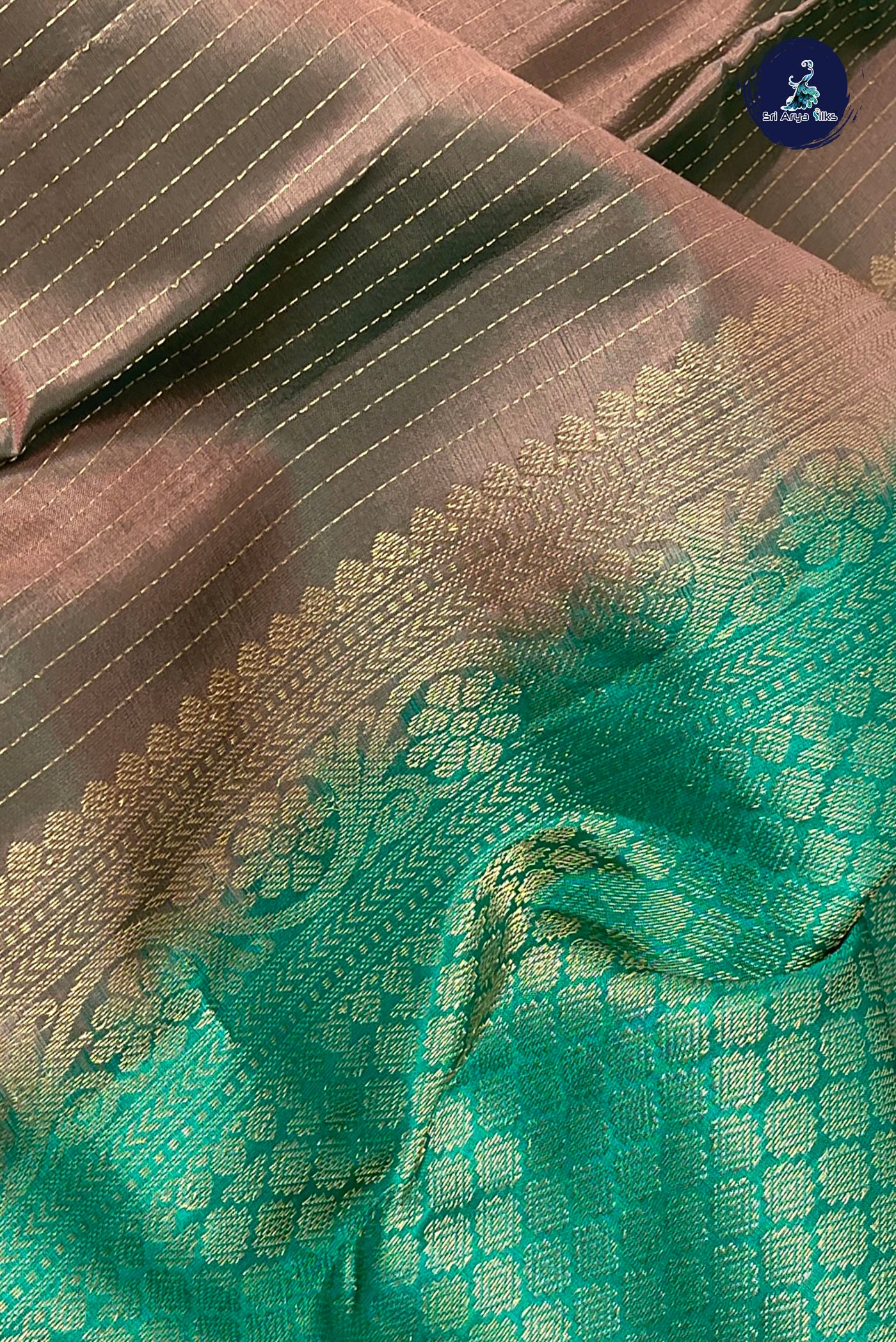 Dual Tone Brown Half Pure Silk Saree With Stripes Pattern
