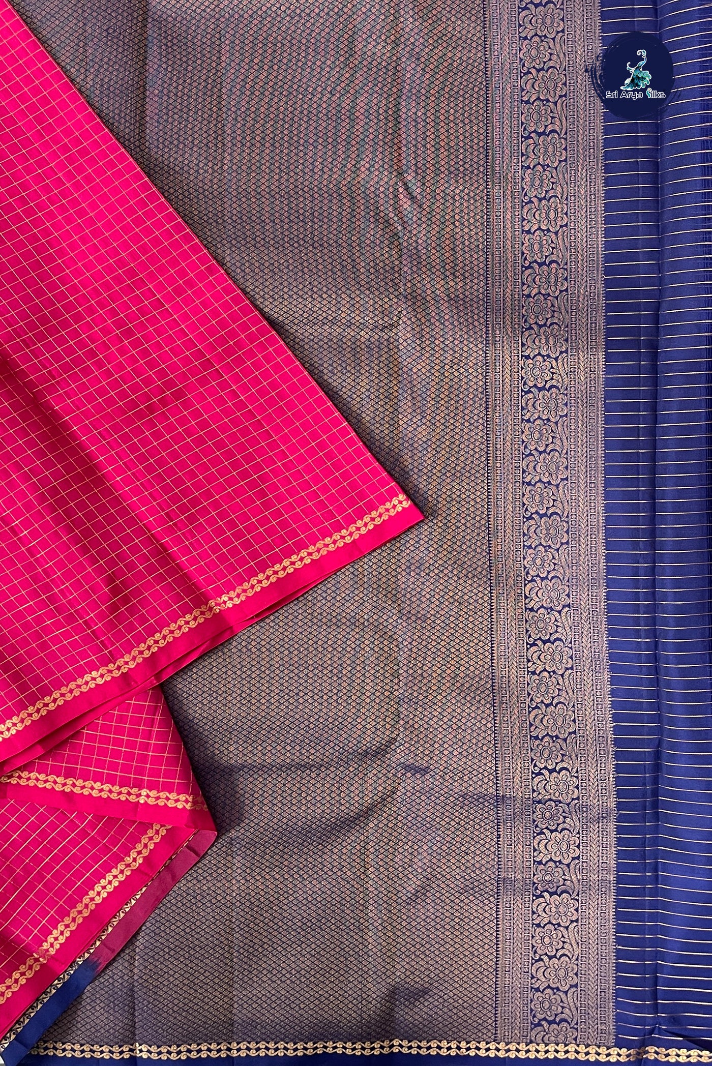 Dark Pink Half Pure Silk Saree With Zari Checked Pattern