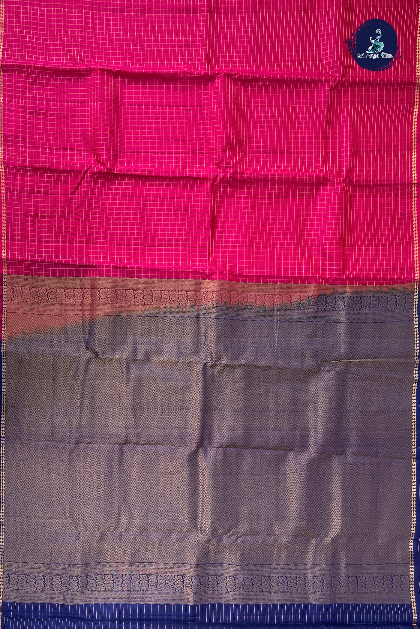 Dark Pink Half Pure Silk Saree With Zari Checked Pattern