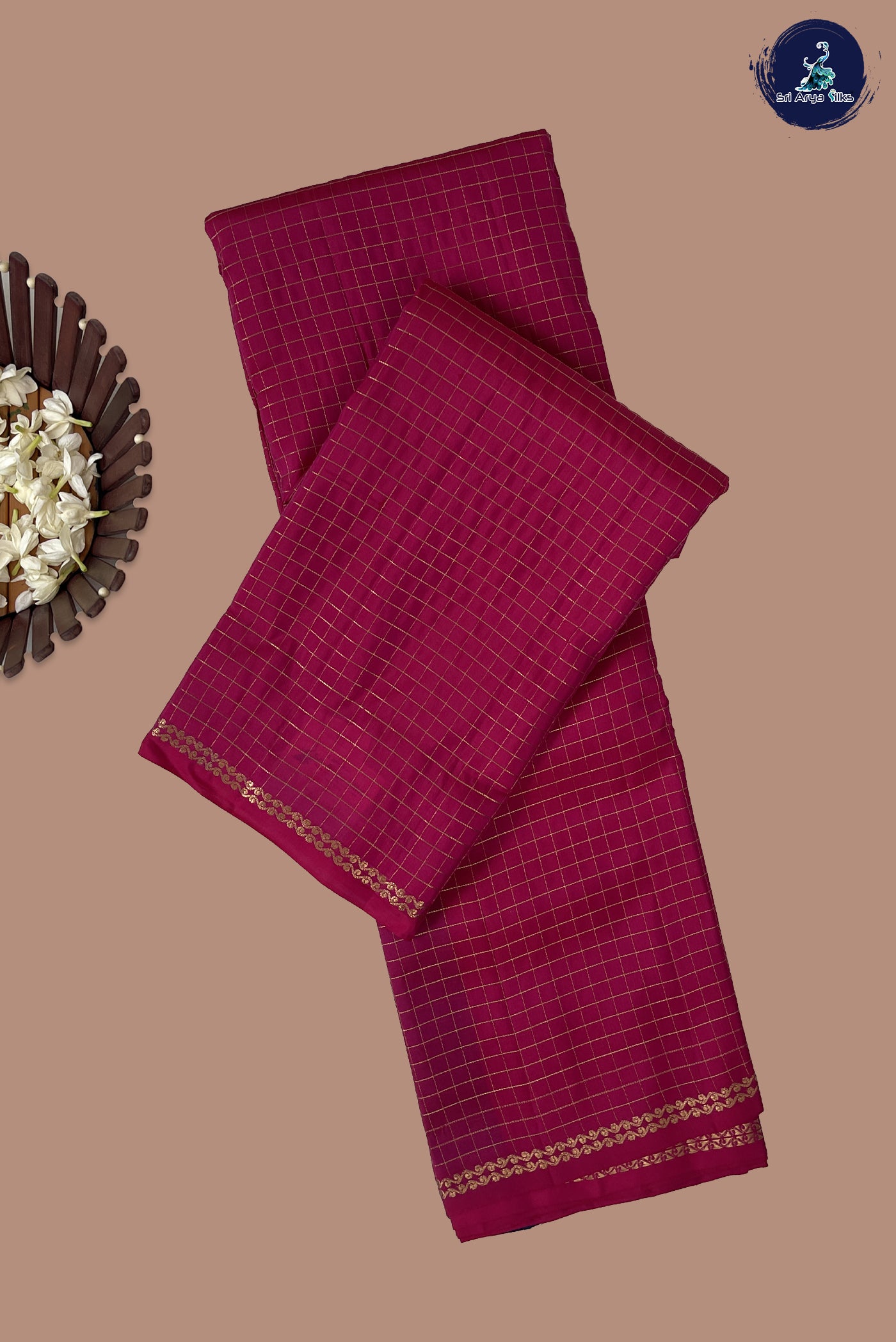 Dark Pink Half Pure Silk Saree With Zari Checked Pattern