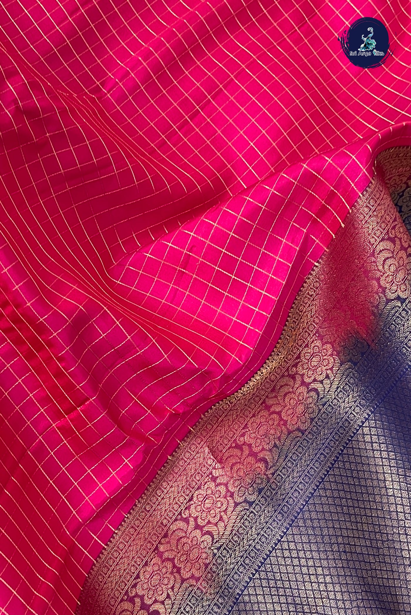 Dark Pink Half Pure Silk Saree With Zari Checked Pattern