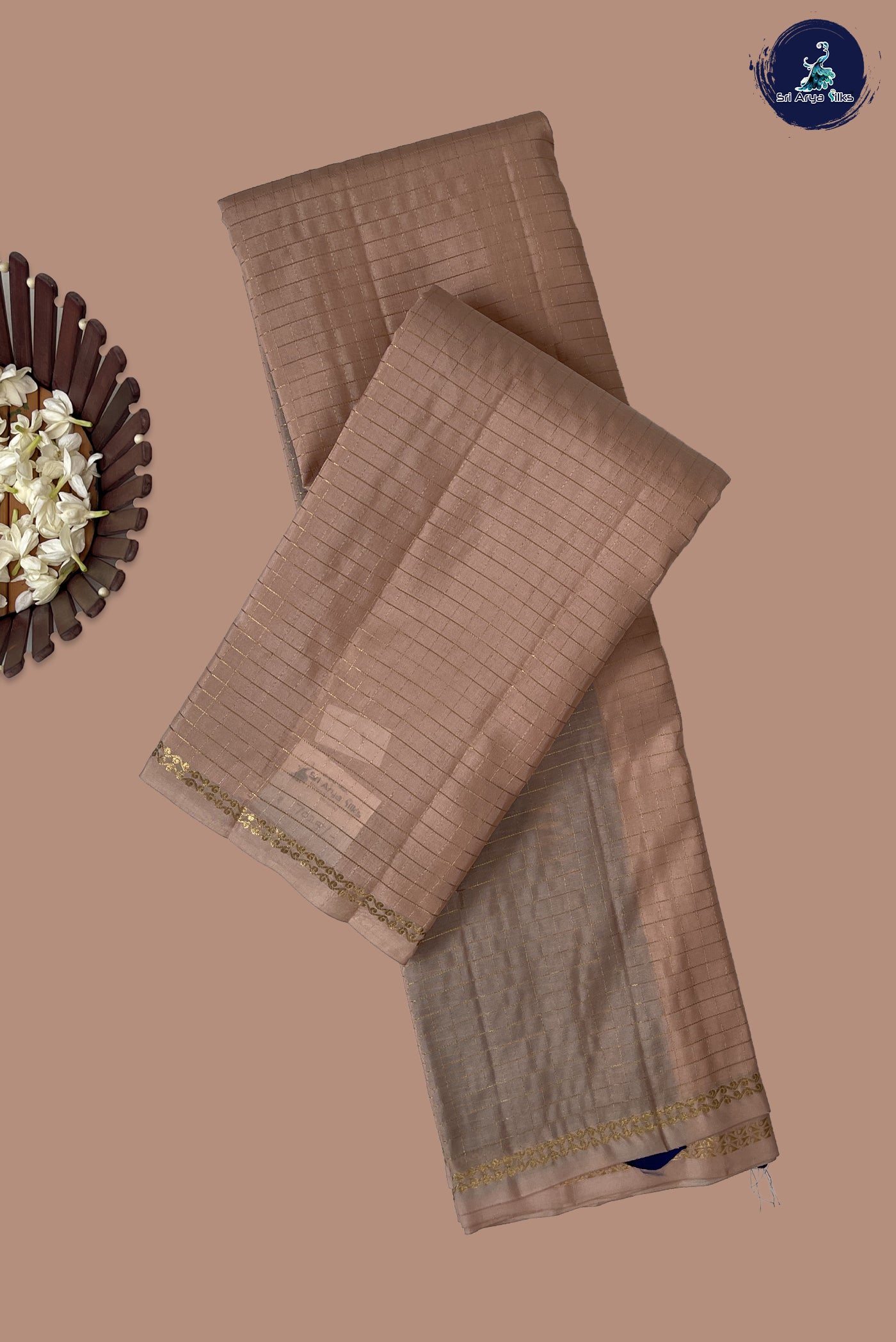Peach Half Pure Silk Saree With Zari Checked Pattern