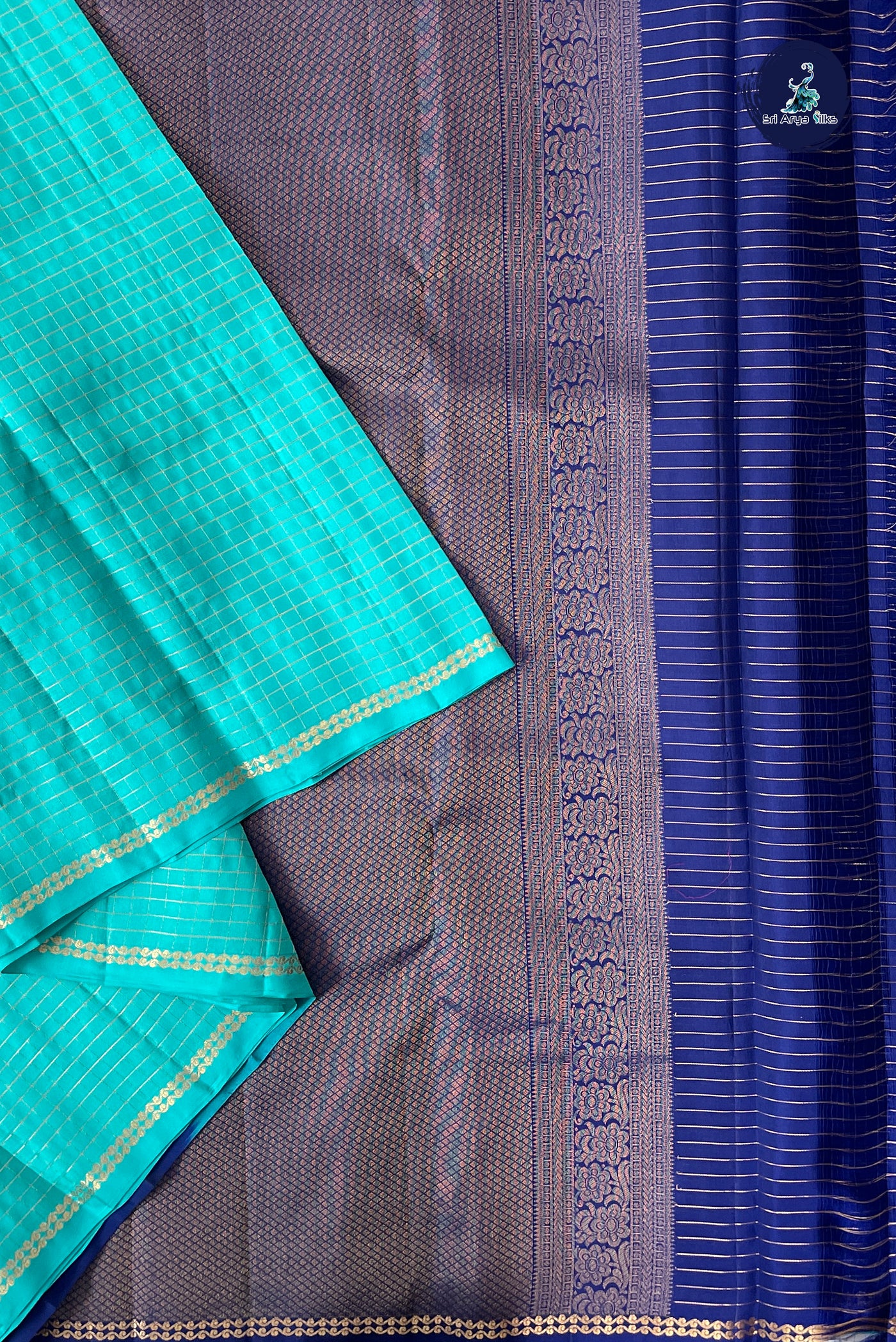 Turquoise Half Pure Silk Saree With Zari Checked Pattern