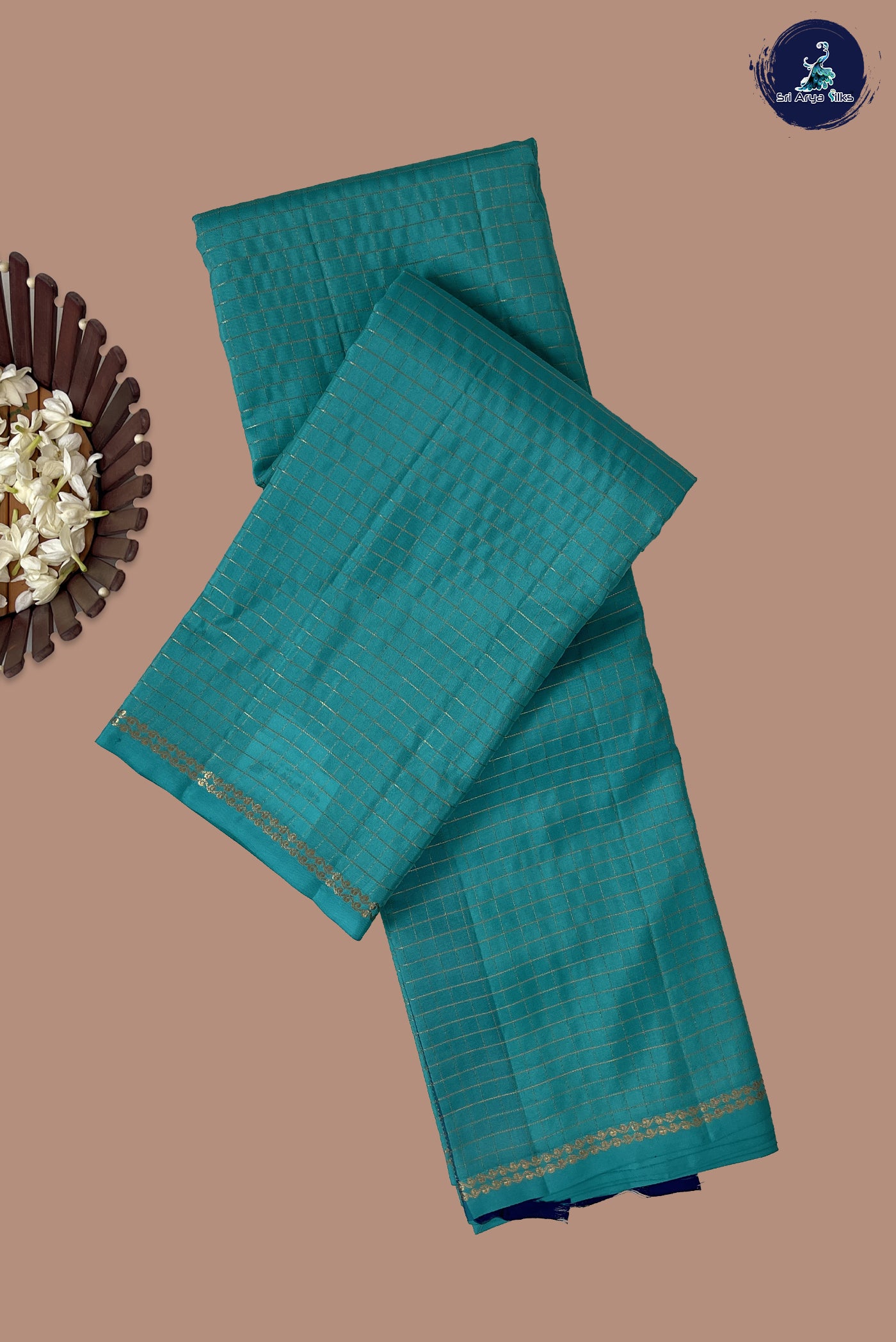 Turquoise Half Pure Silk Saree With Zari Checked Pattern