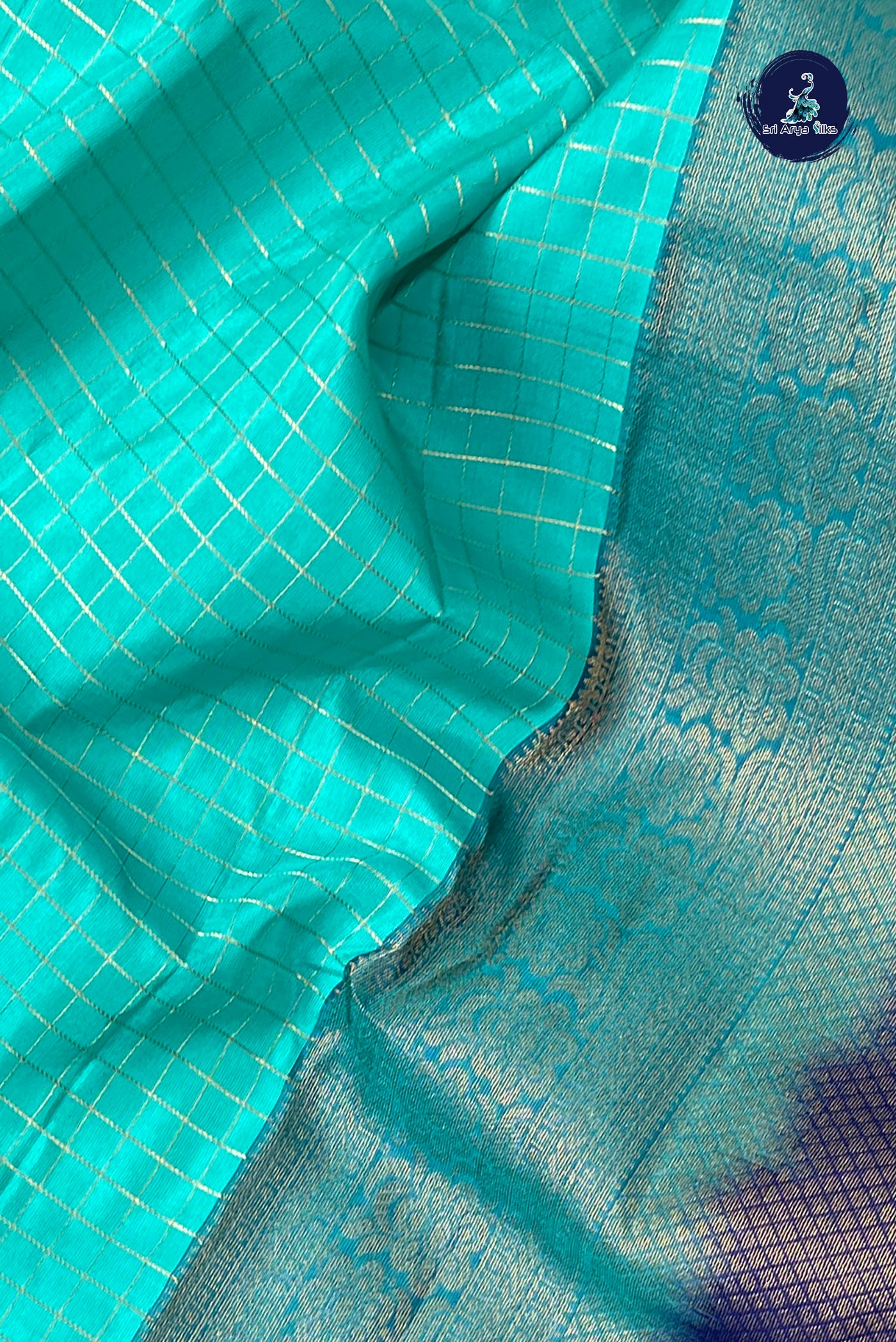 Turquoise Half Pure Silk Saree With Zari Checked Pattern