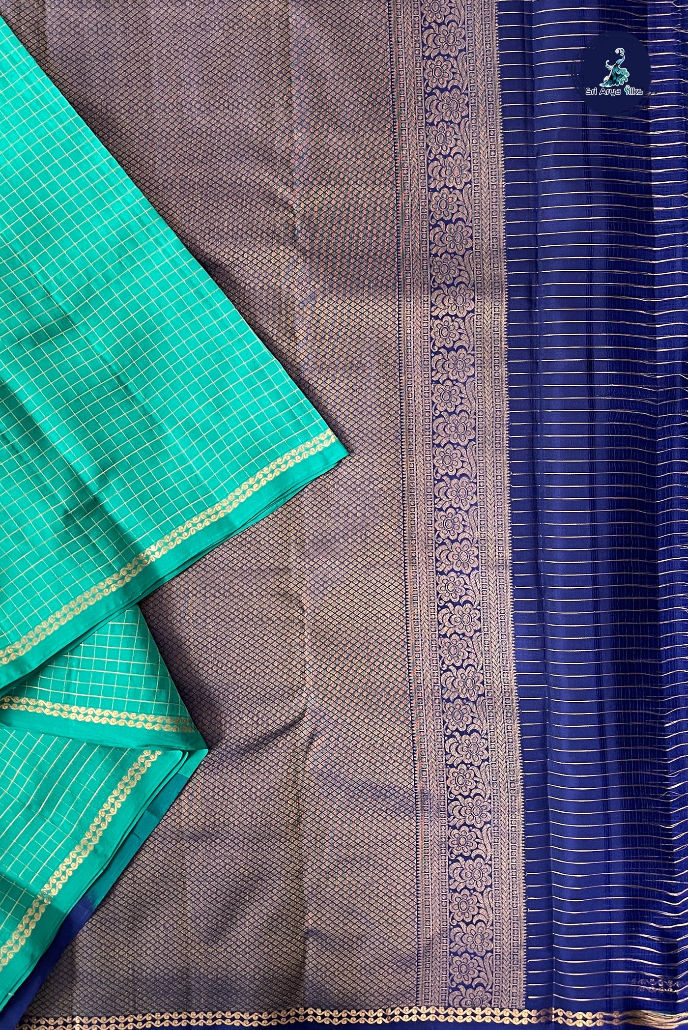 Teal Half Pure Silk Saree With Zari Checked Pattern
