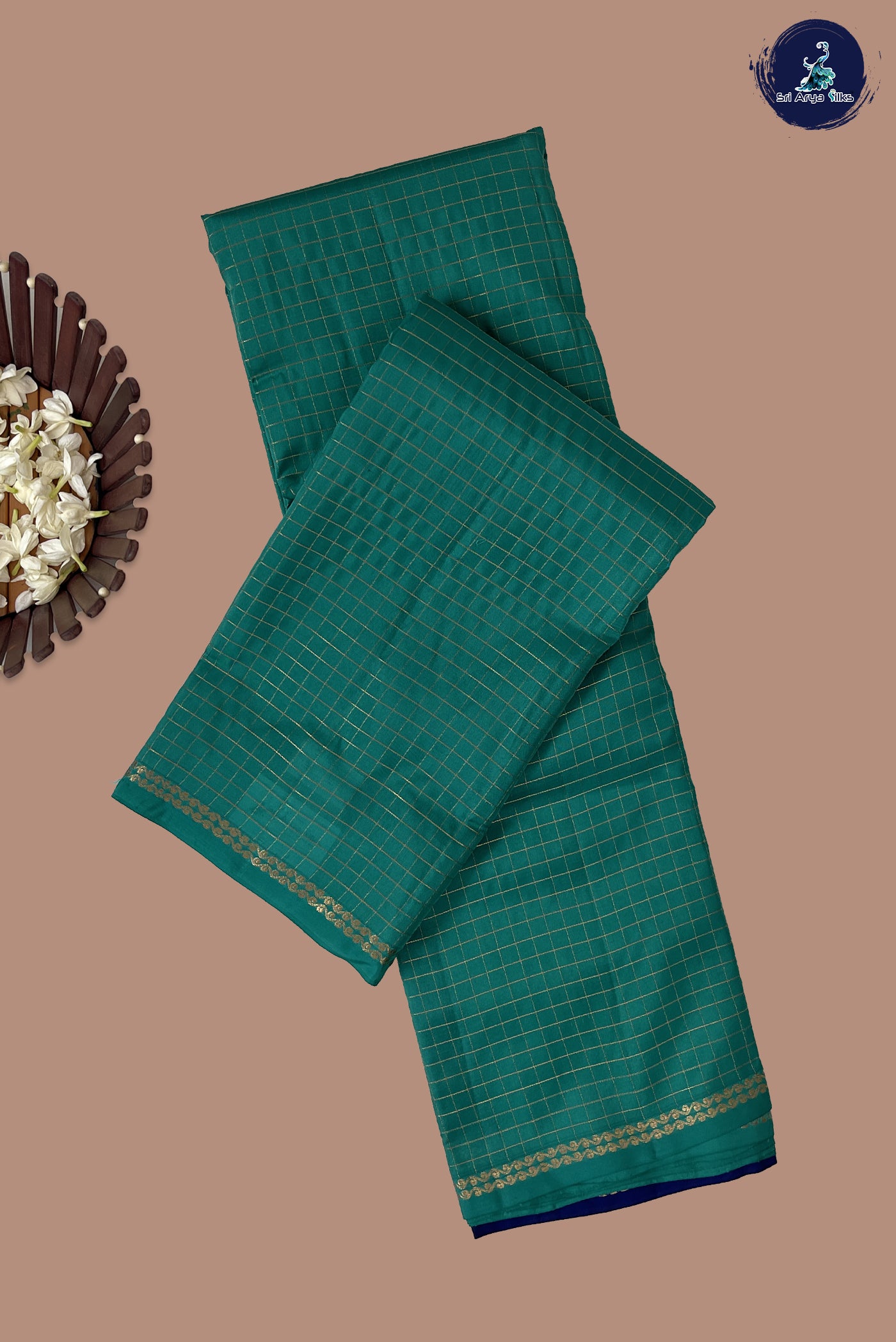 Teal Half Pure Silk Saree With Zari Checked Pattern