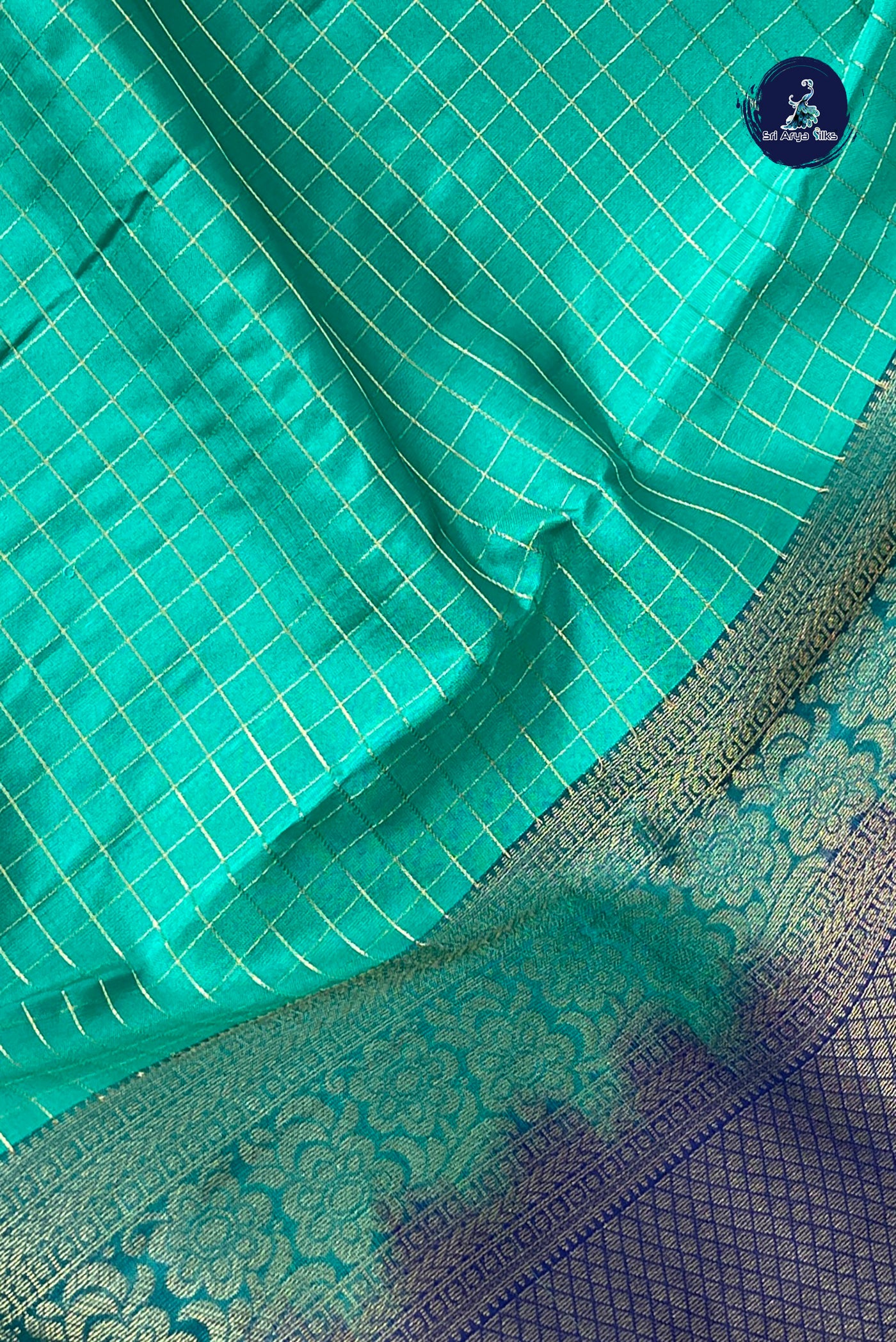 Teal Half Pure Silk Saree With Zari Checked Pattern