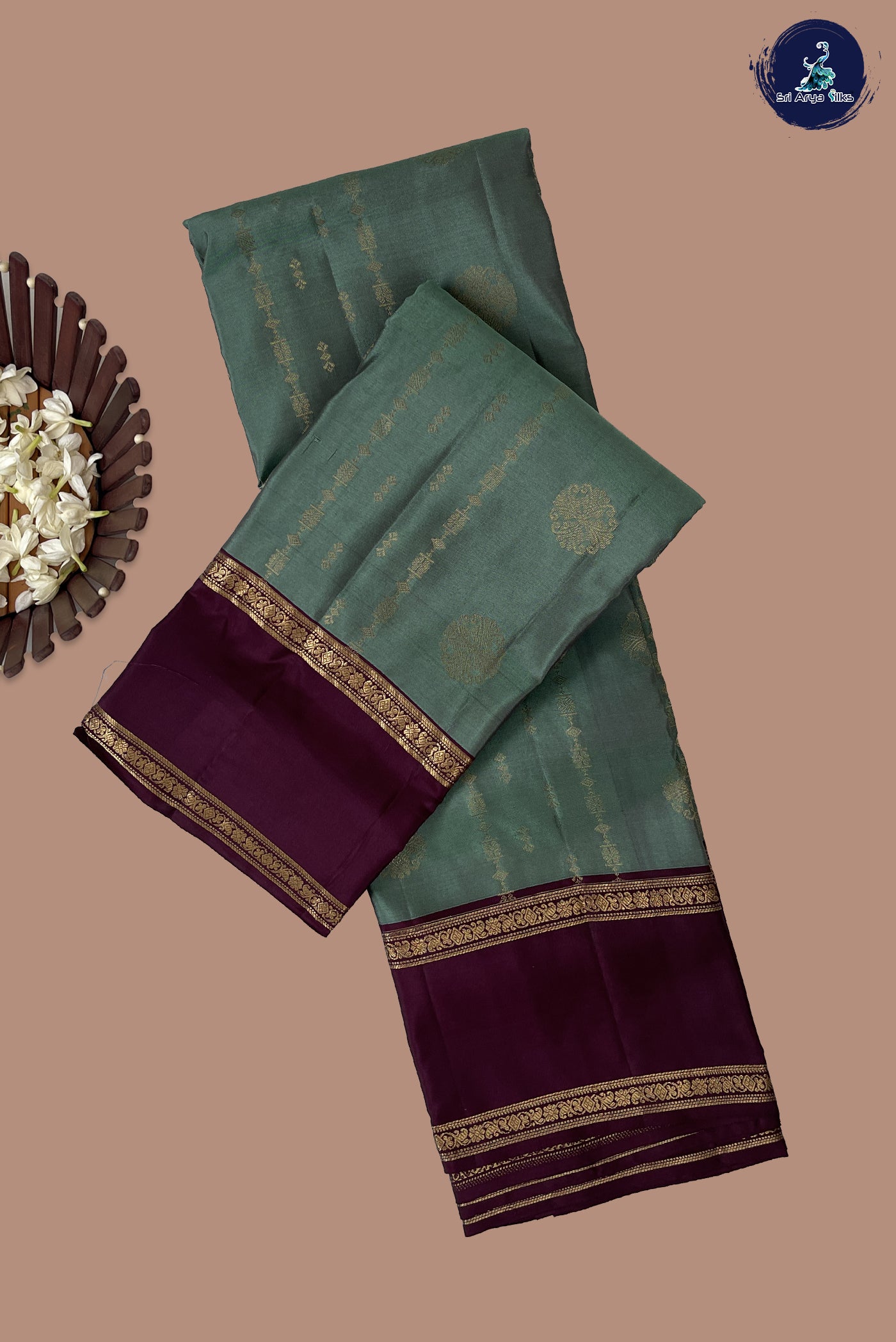 Greenish Grey Half Pure Silk Saree With Zari Buttas Pattern
