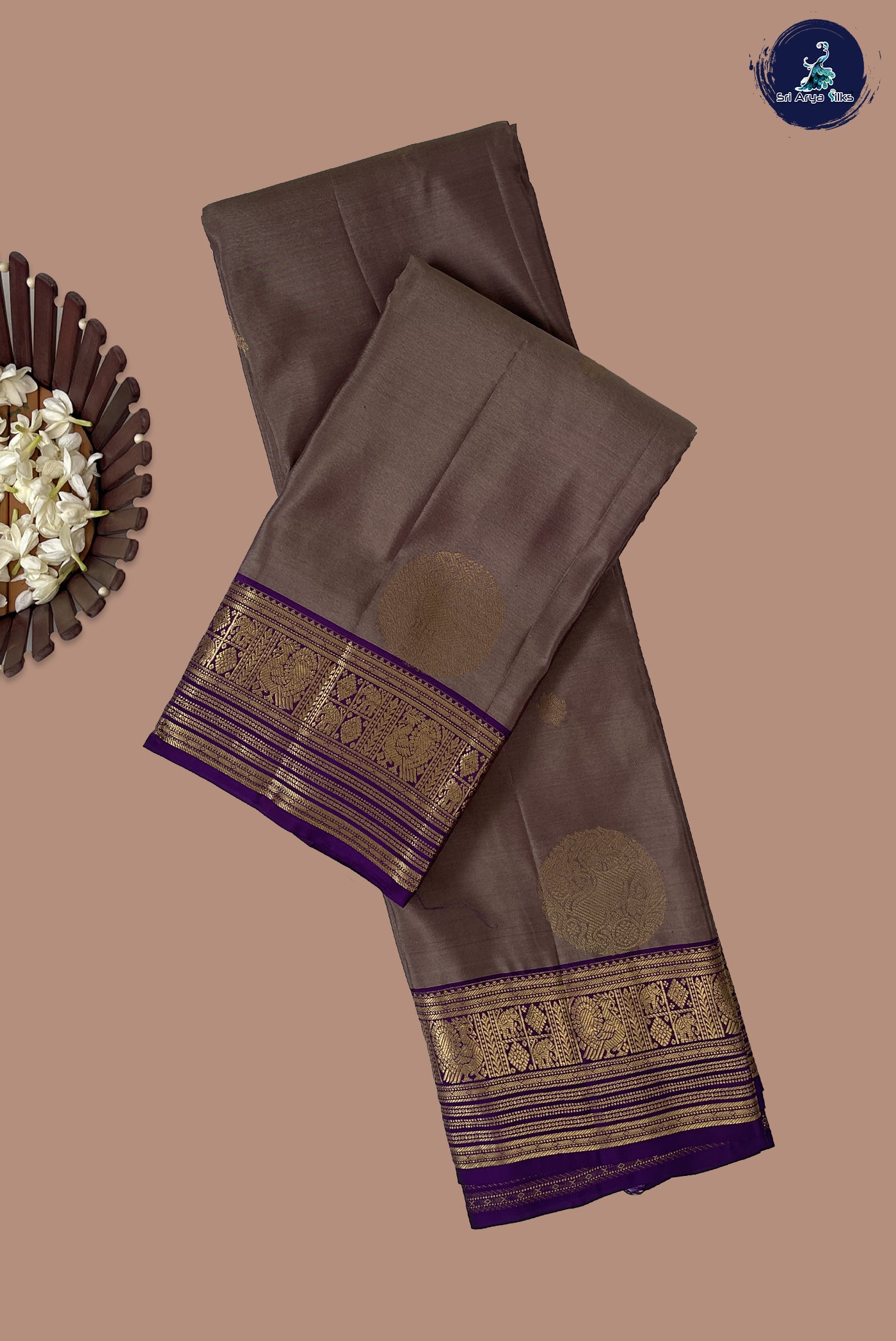Light Brown Half Pure Silk Saree With Zari Buttas Pattern