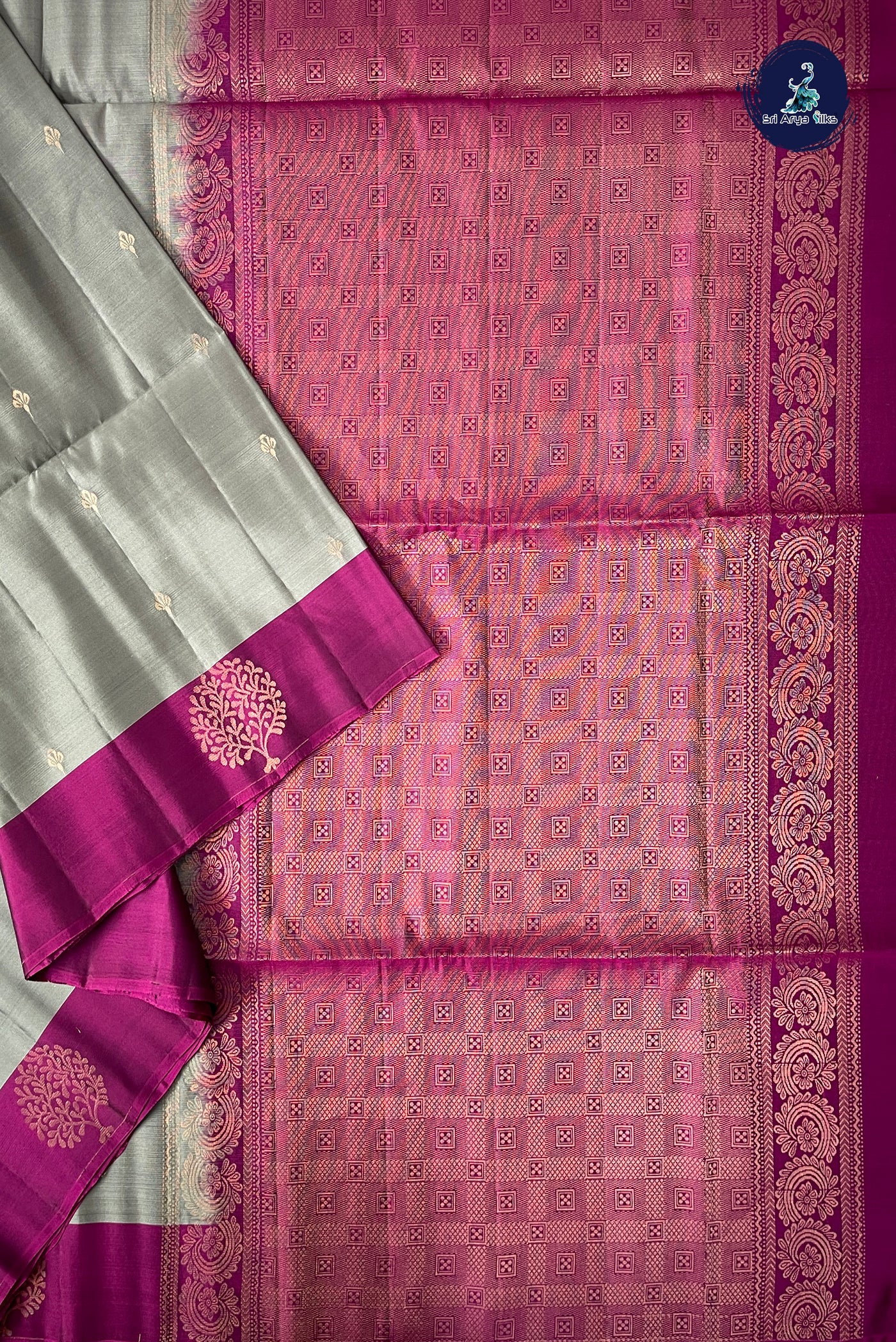Greenish Grey Half Pure Silk Saree With Zari Buttas Pattern