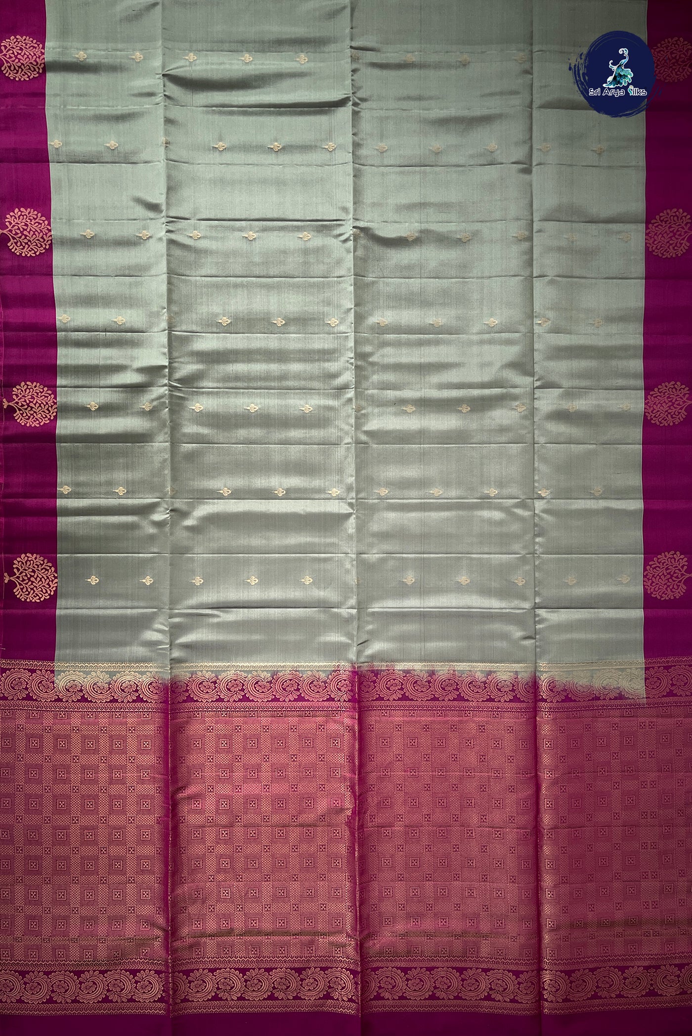 Greenish Grey Half Pure Silk Saree With Zari Buttas Pattern