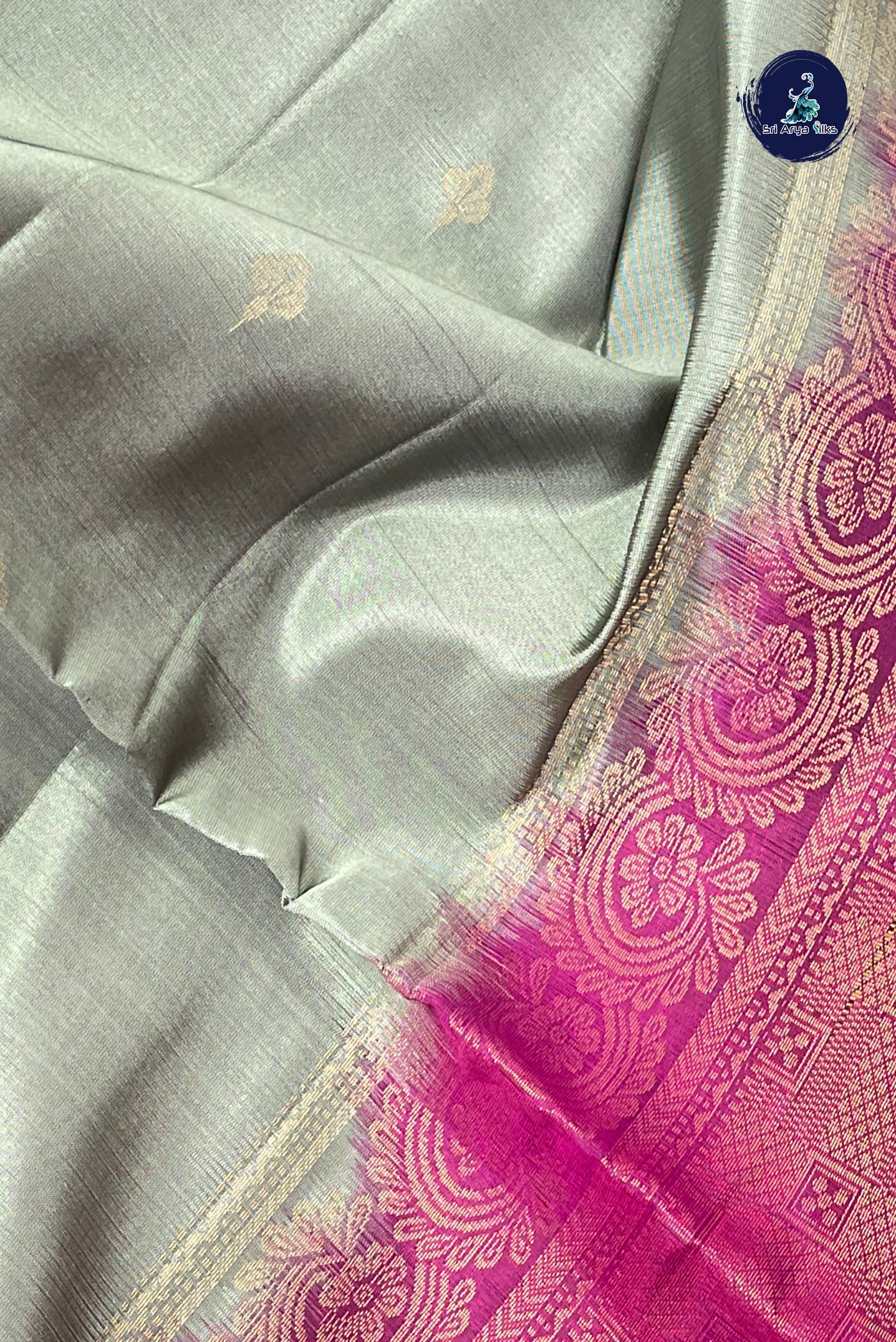 Greenish Grey Half Pure Silk Saree With Zari Buttas Pattern
