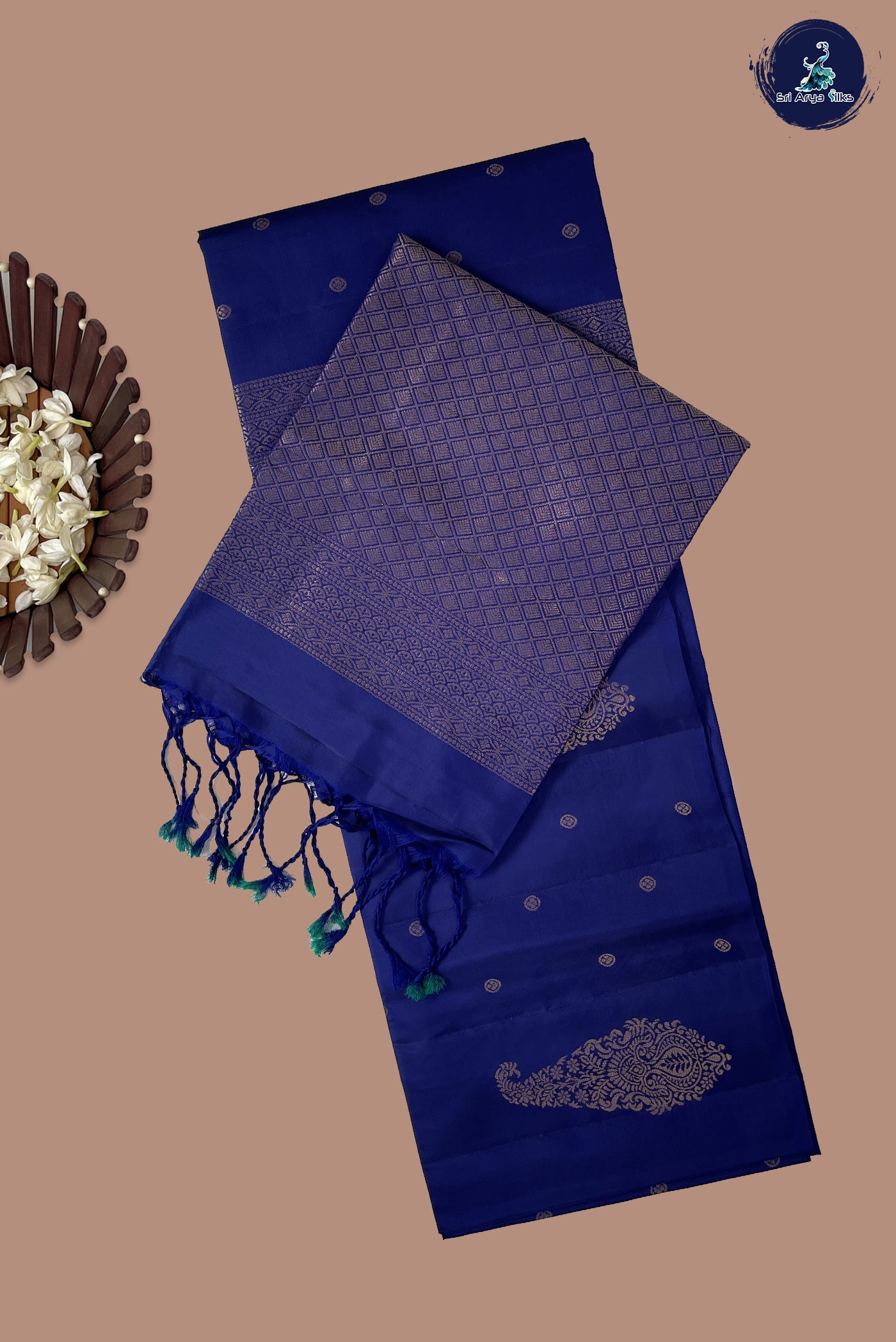 Dark Blue Half Pure Silk Saree With Zari Buttas Pattern