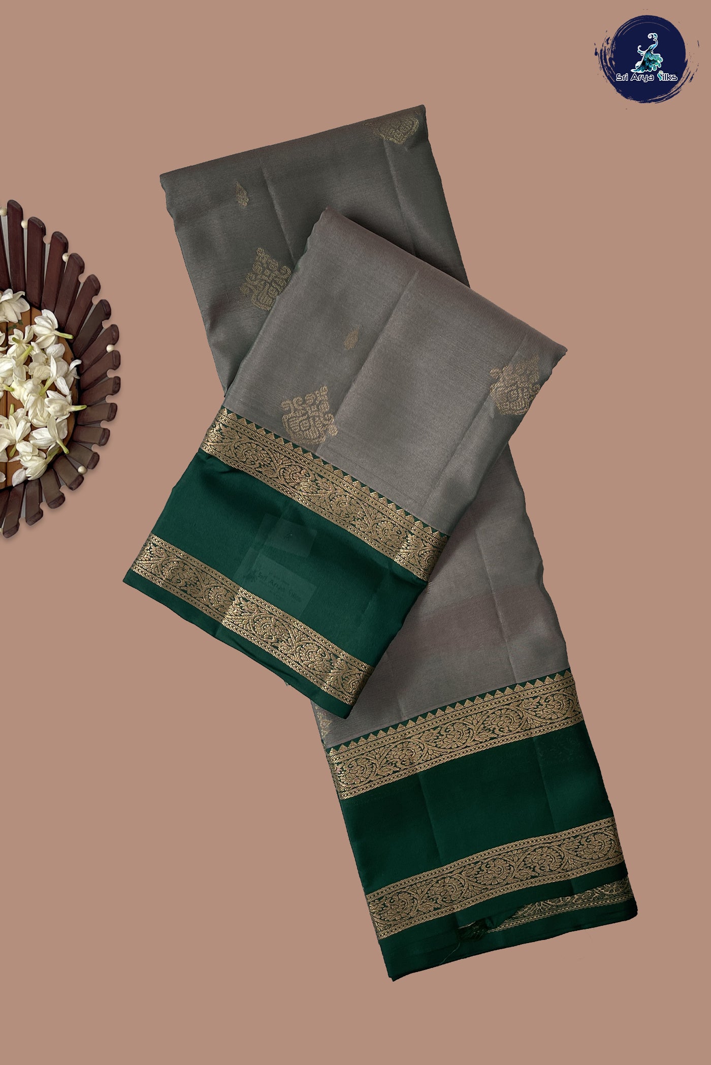 Dual Tone Grey Half Pure Silk Saree With Zari Buttas Pattern